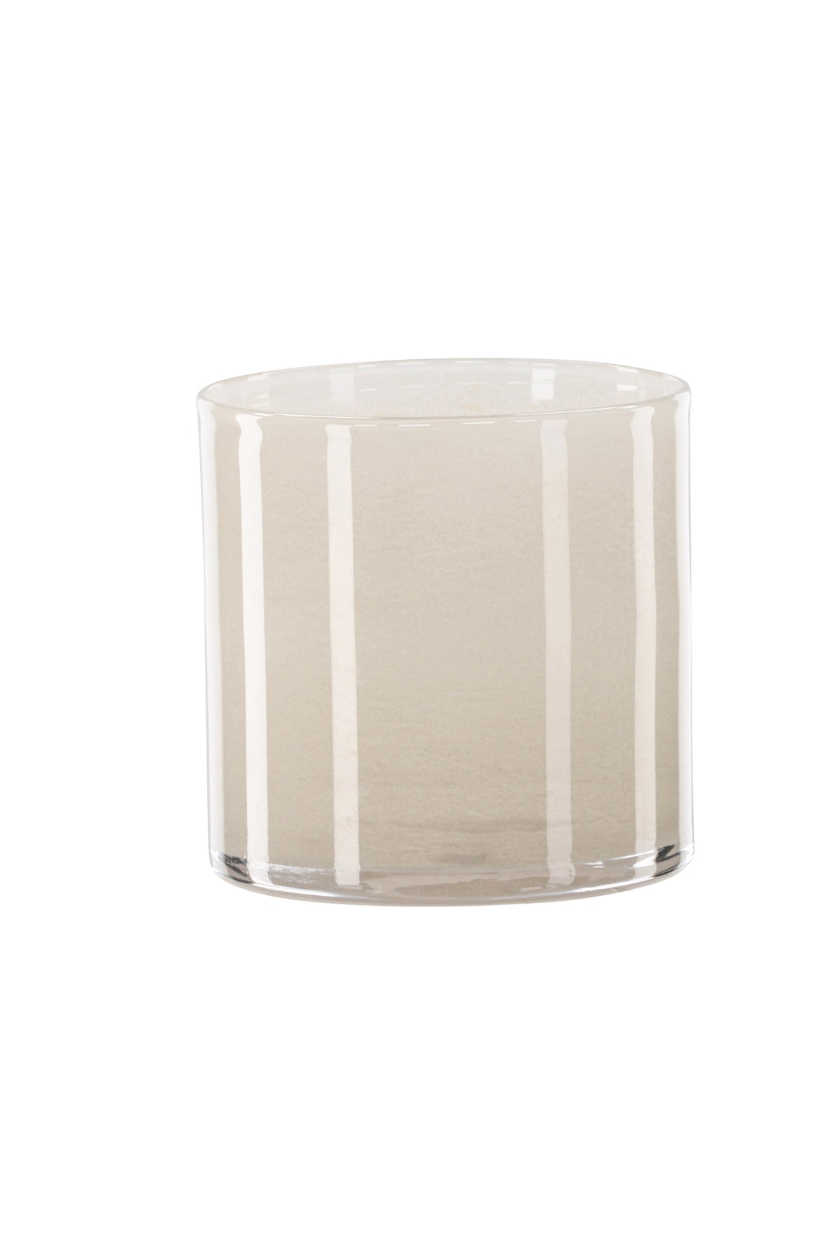 Weisser runder Teelichthalter Glora aus Glas, Durchmesser 8 cm, Höhe 8 cm, schlichte, transparente Oberfläche mit dünner Wandstärke.