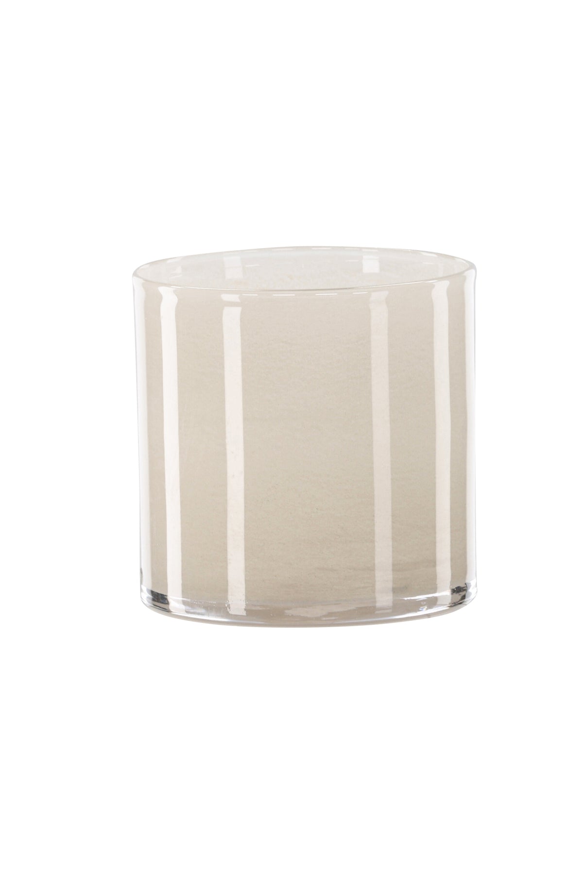 Weisser runder Teelichthalter Glora aus Glas, Durchmesser 8 cm, Höhe 8 cm, schlichte, transparente Oberfläche mit dünner Wandstärke.