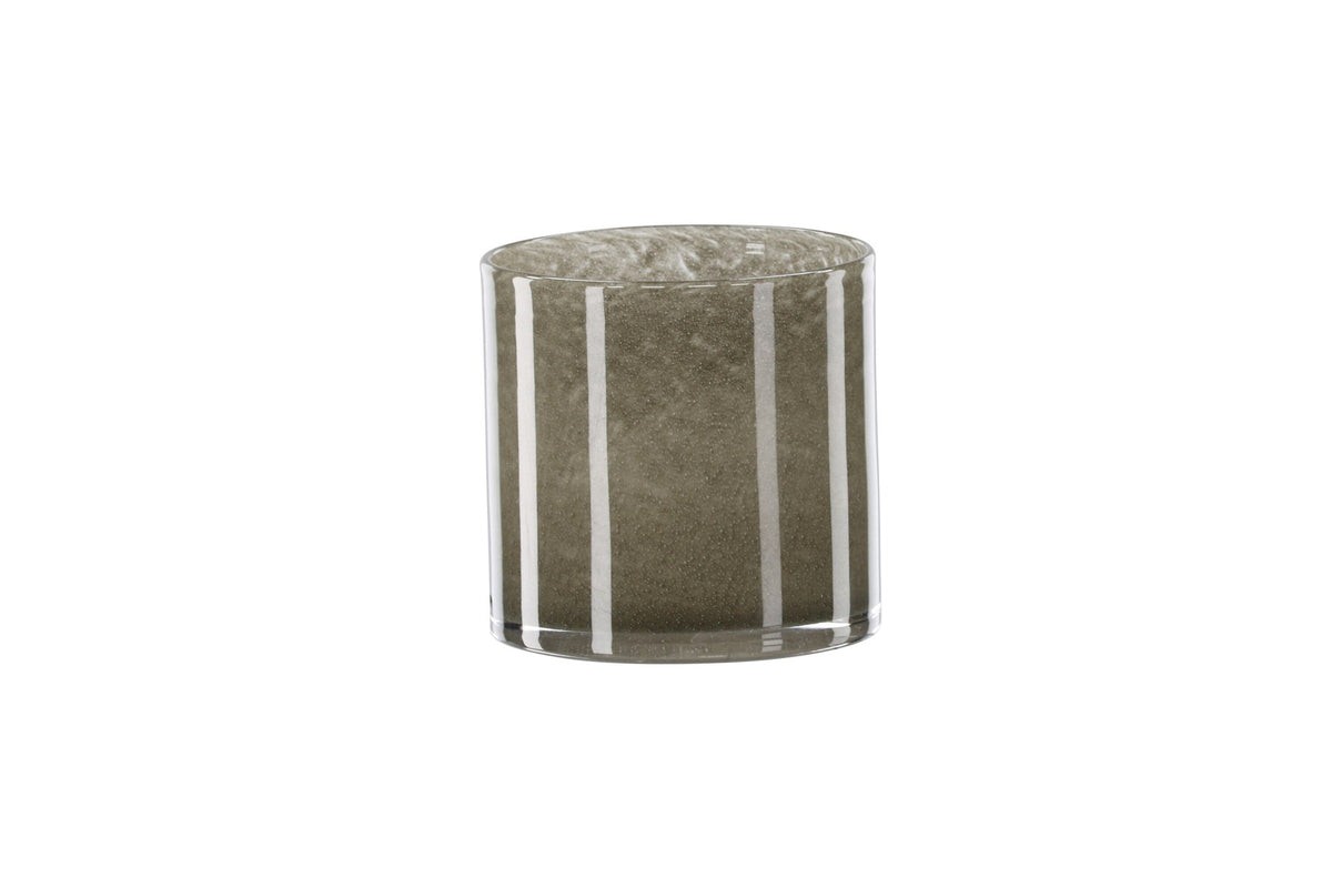Weisser runder Teelichthalter Glora aus Glas, Durchmesser 8 cm, Höhe 8 cm, schlichte, transparente Oberfläche mit dünner Wandstärke.