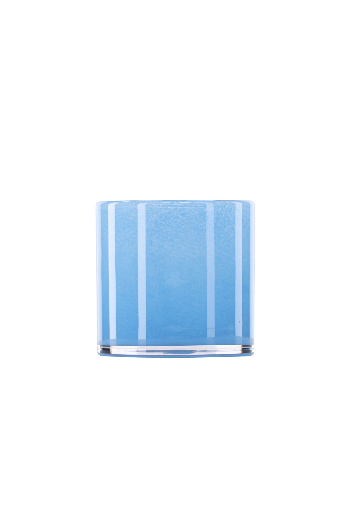 Weisser runder Teelichthalter Glora aus Glas, Durchmesser 8 cm, Höhe 8 cm, schlichte, transparente Oberfläche mit dünner Wandstärke.