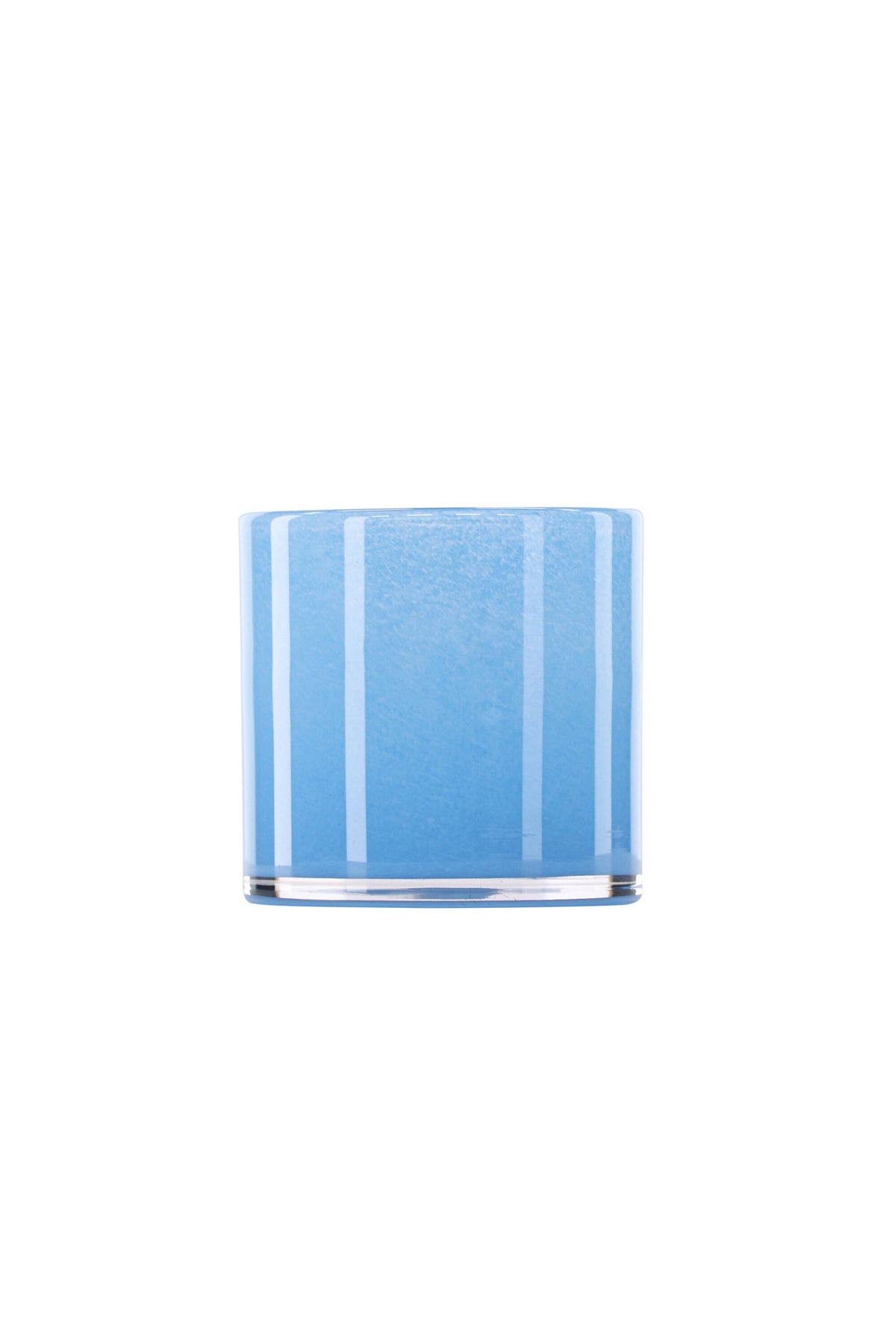 Weisser runder Teelichthalter Glora aus Glas, Durchmesser 8 cm, Höhe 8 cm, schlichte, transparente Oberfläche mit dünner Wandstärke.
