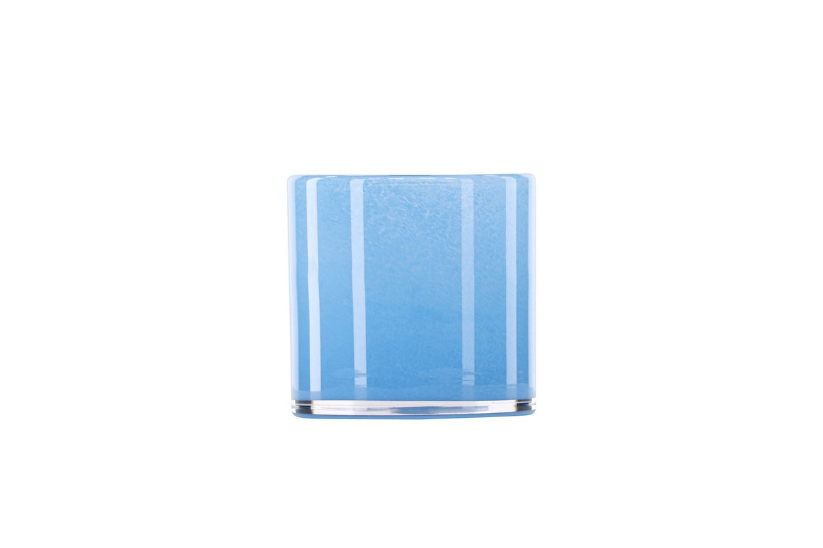 Weisser runder Teelichthalter Glora aus Glas, Durchmesser 8 cm, Höhe 8 cm, schlichte, transparente Oberfläche mit dünner Wandstärke.