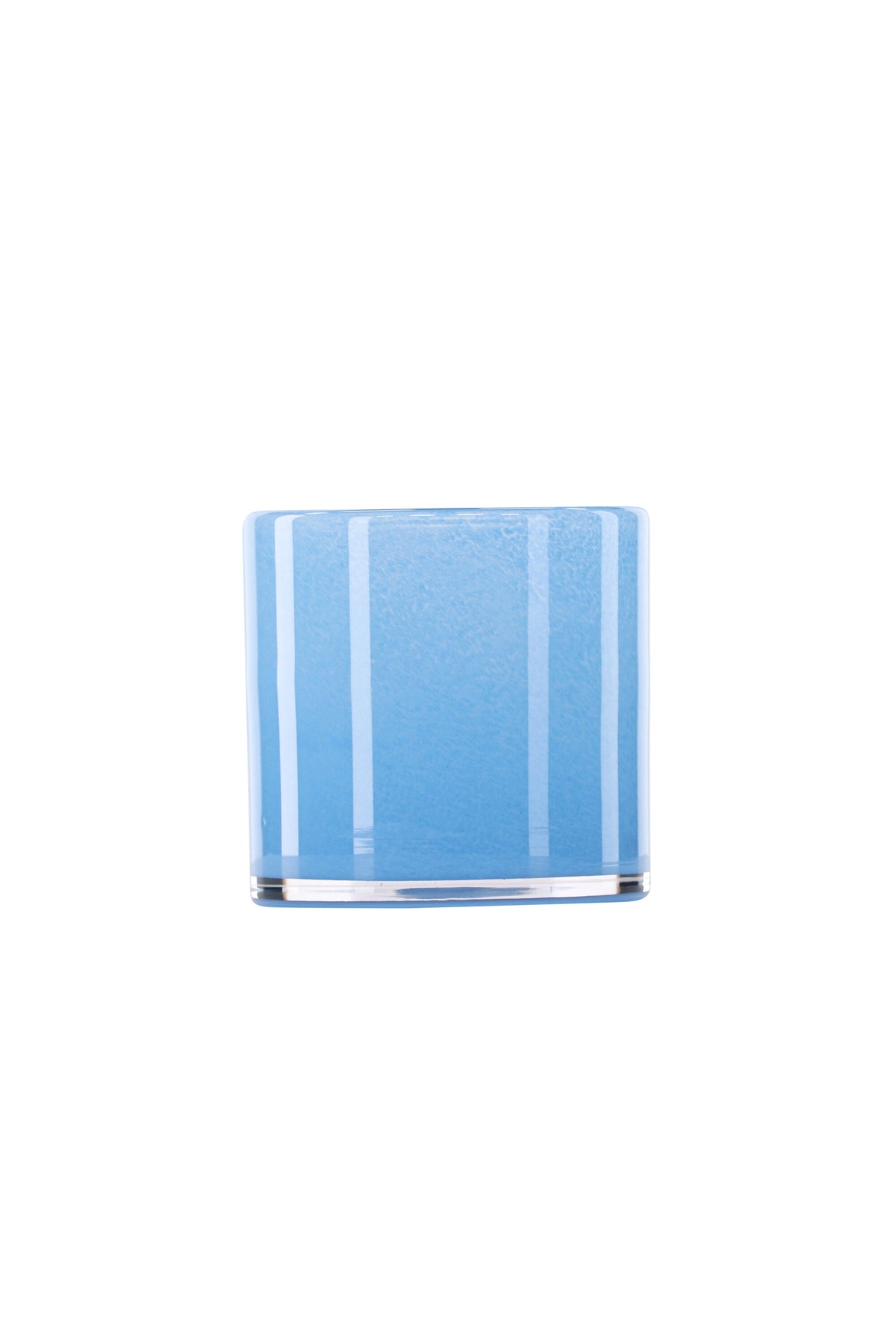 Weisser runder Teelichthalter Glora aus Glas, Durchmesser 8 cm, Höhe 8 cm, schlichte, transparente Oberfläche mit dünner Wandstärke.