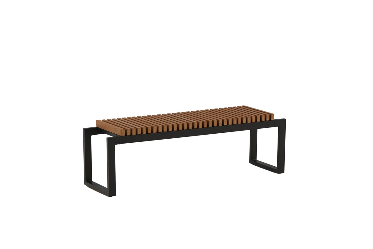 Gartenbank Athena von Venture Home mit schwarzem Aluminiumgestell und gerippter Sitzfläche aus braunem Aintwood, Outdoor-Design.