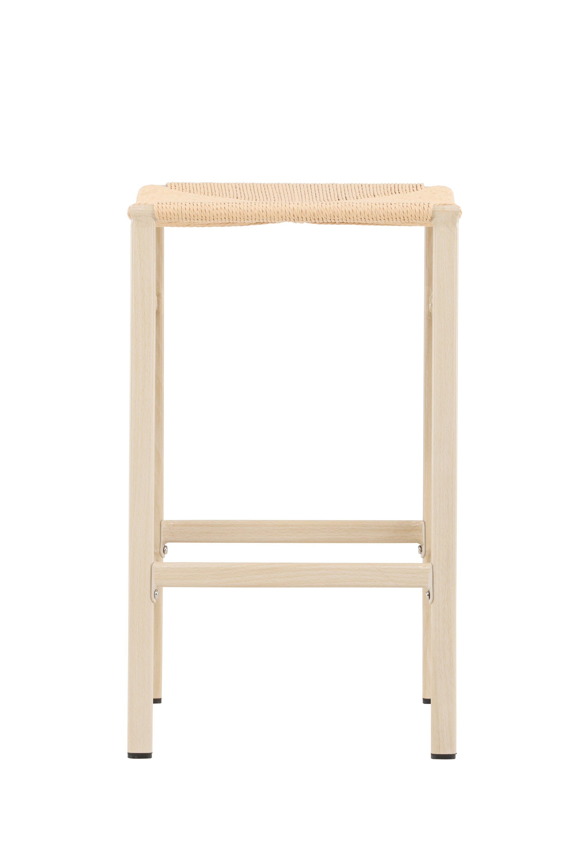 Der Polly Barstuhl vereint Rattan-Sitz und weiße Holzbeine zu einem stilvollen, platzsparenden Design für modernen Boho-Chic.
