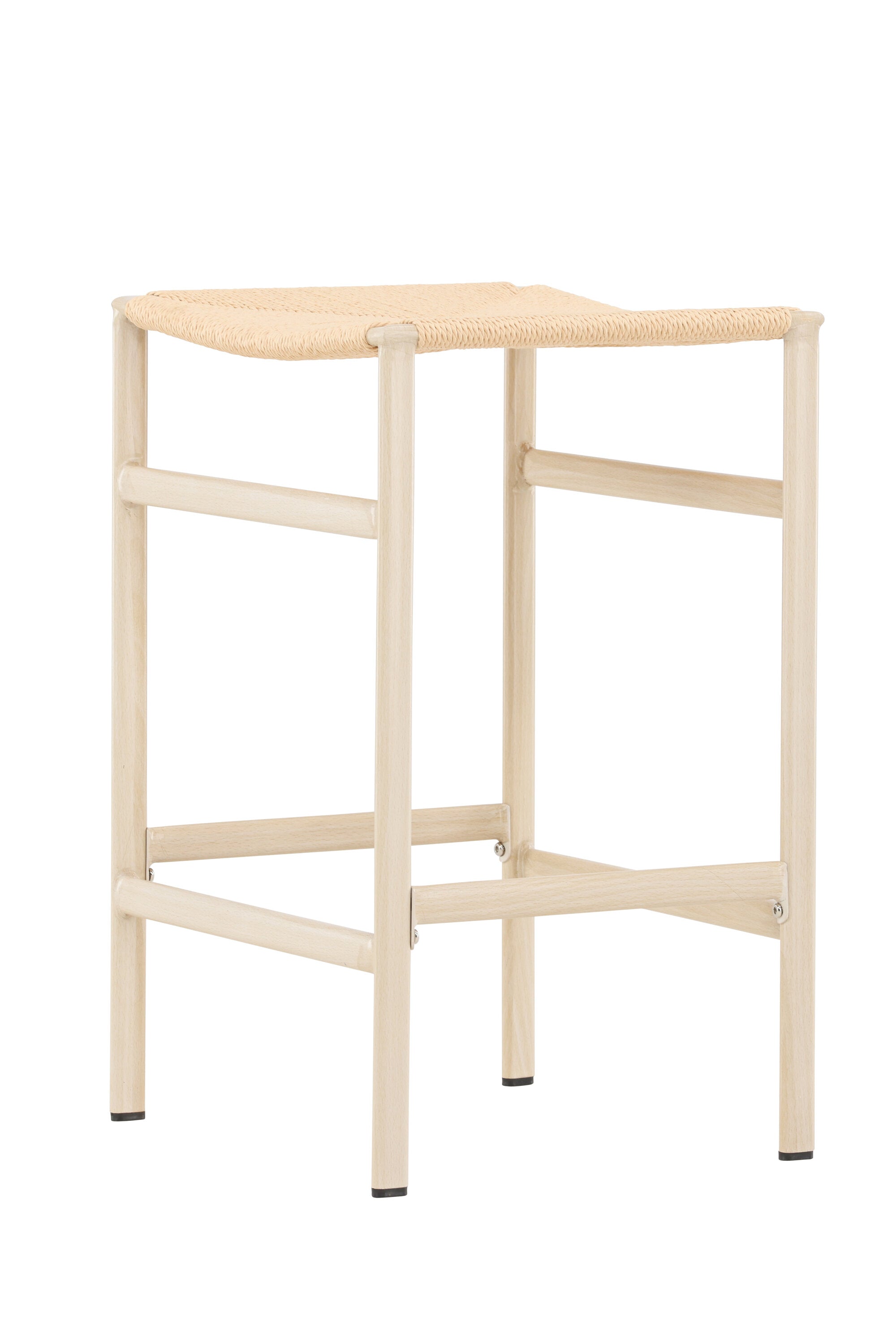 Der Polly Barstuhl vereint Rattan-Sitz und weiße Holzbeine zu einem stilvollen, platzsparenden Design für modernen Boho-Chic.