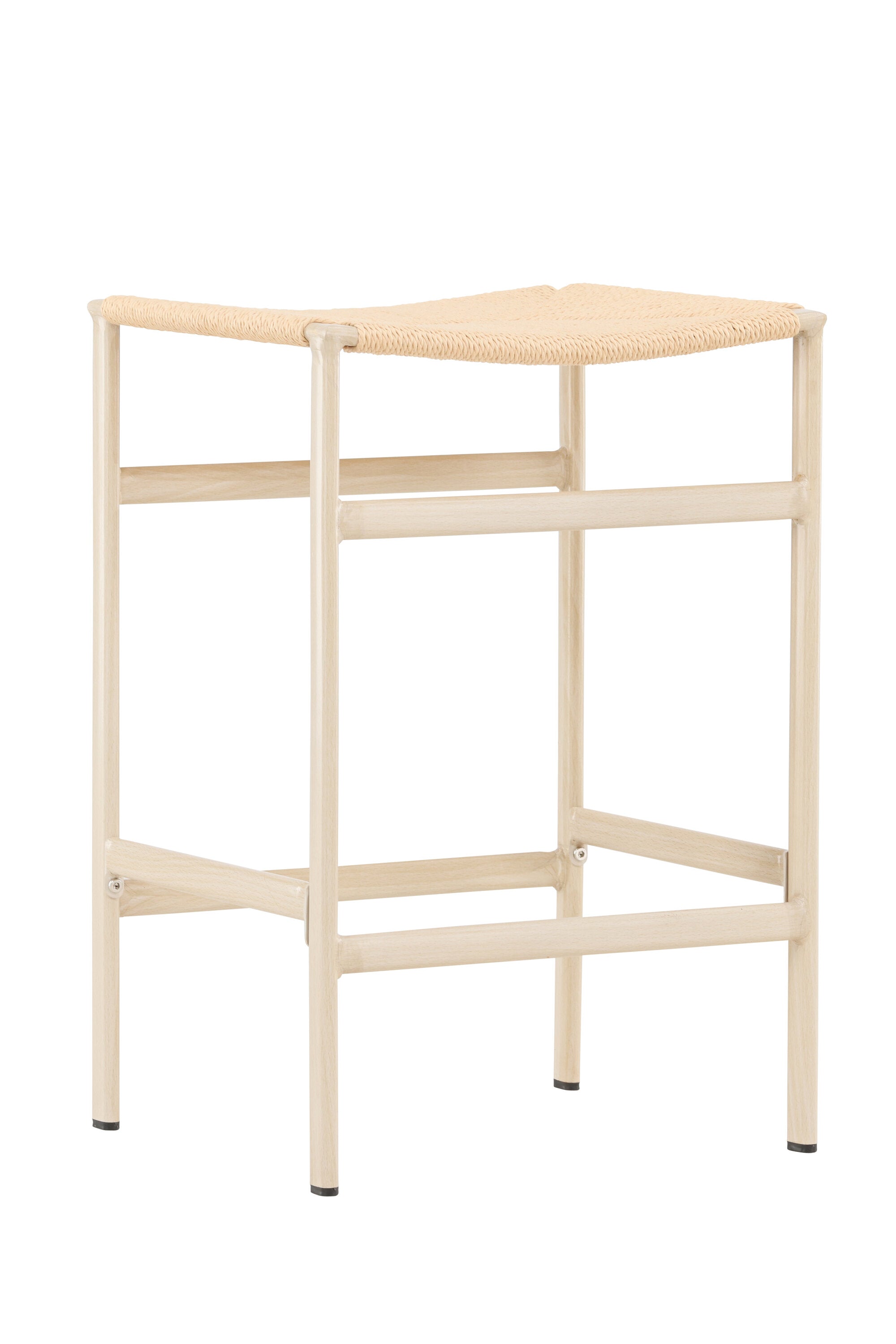 Der Polly Barstuhl vereint Rattan-Sitz und weiße Holzbeine zu einem stilvollen, platzsparenden Design für modernen Boho-Chic.