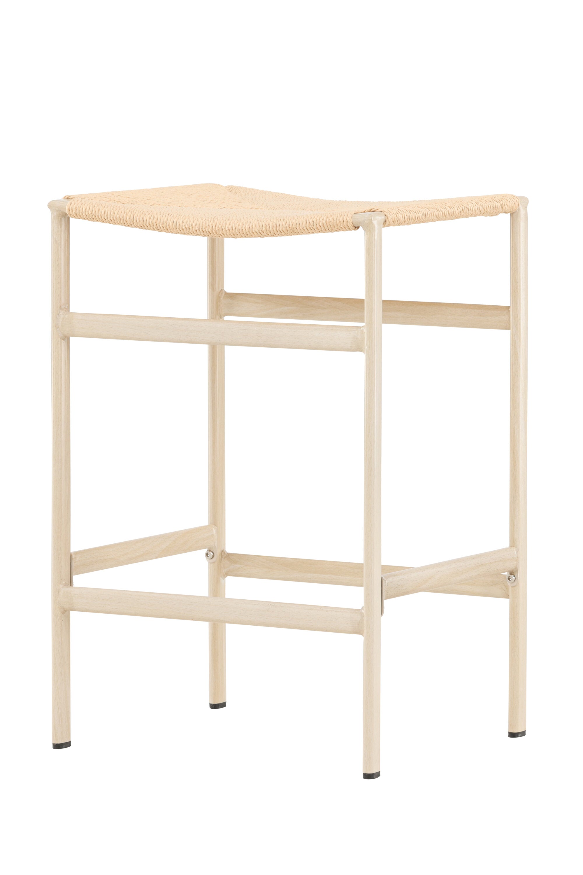 Der Polly Barstuhl vereint Rattan-Sitz und weiße Holzbeine zu einem stilvollen, platzsparenden Design für modernen Boho-Chic.
