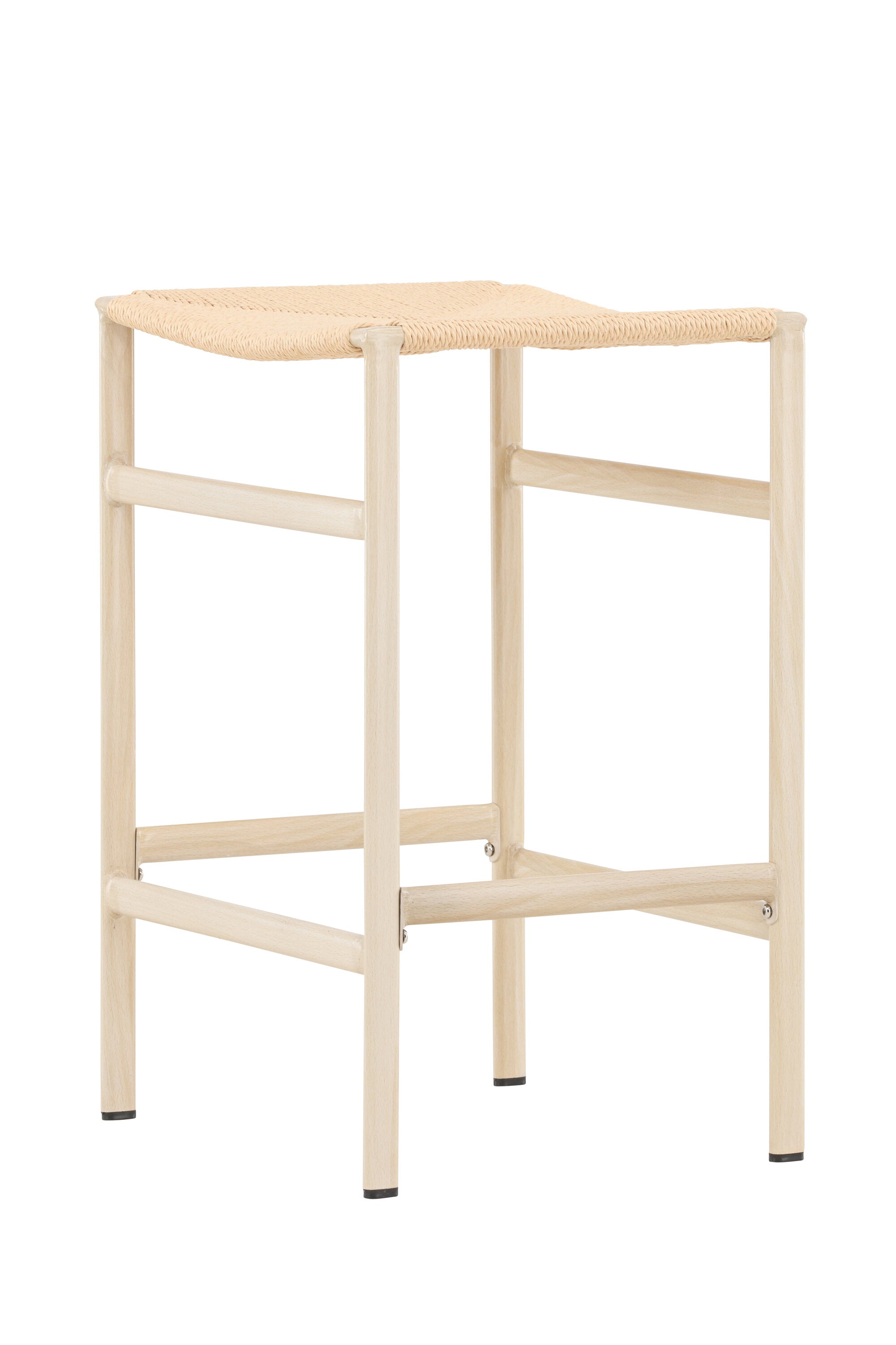 Der Polly Barstuhl vereint Rattan-Sitz und weiße Holzbeine zu einem stilvollen, platzsparenden Design für modernen Boho-Chic.