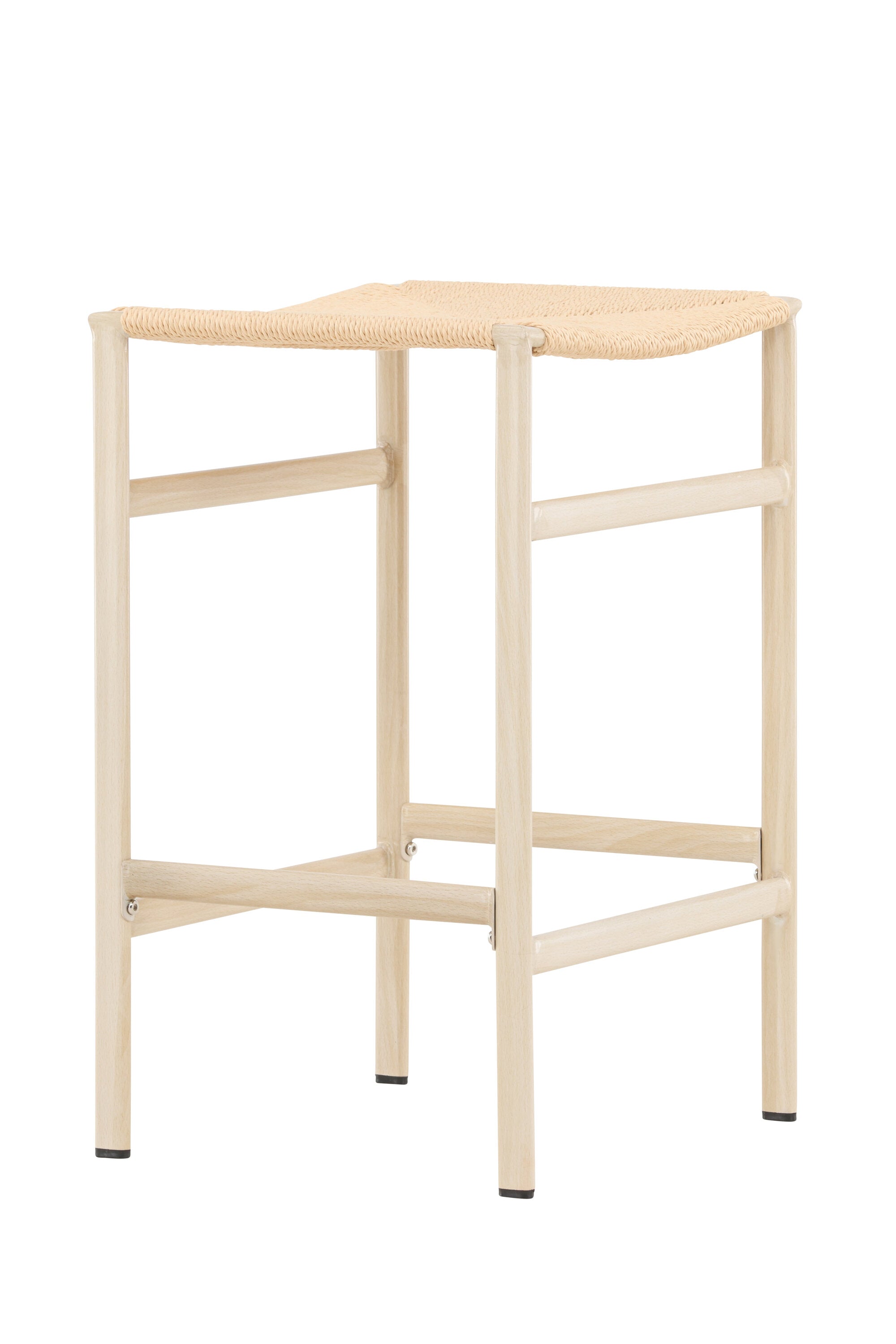 Der Polly Barstuhl vereint Rattan-Sitz und weiße Holzbeine zu einem stilvollen, platzsparenden Design für modernen Boho-Chic.