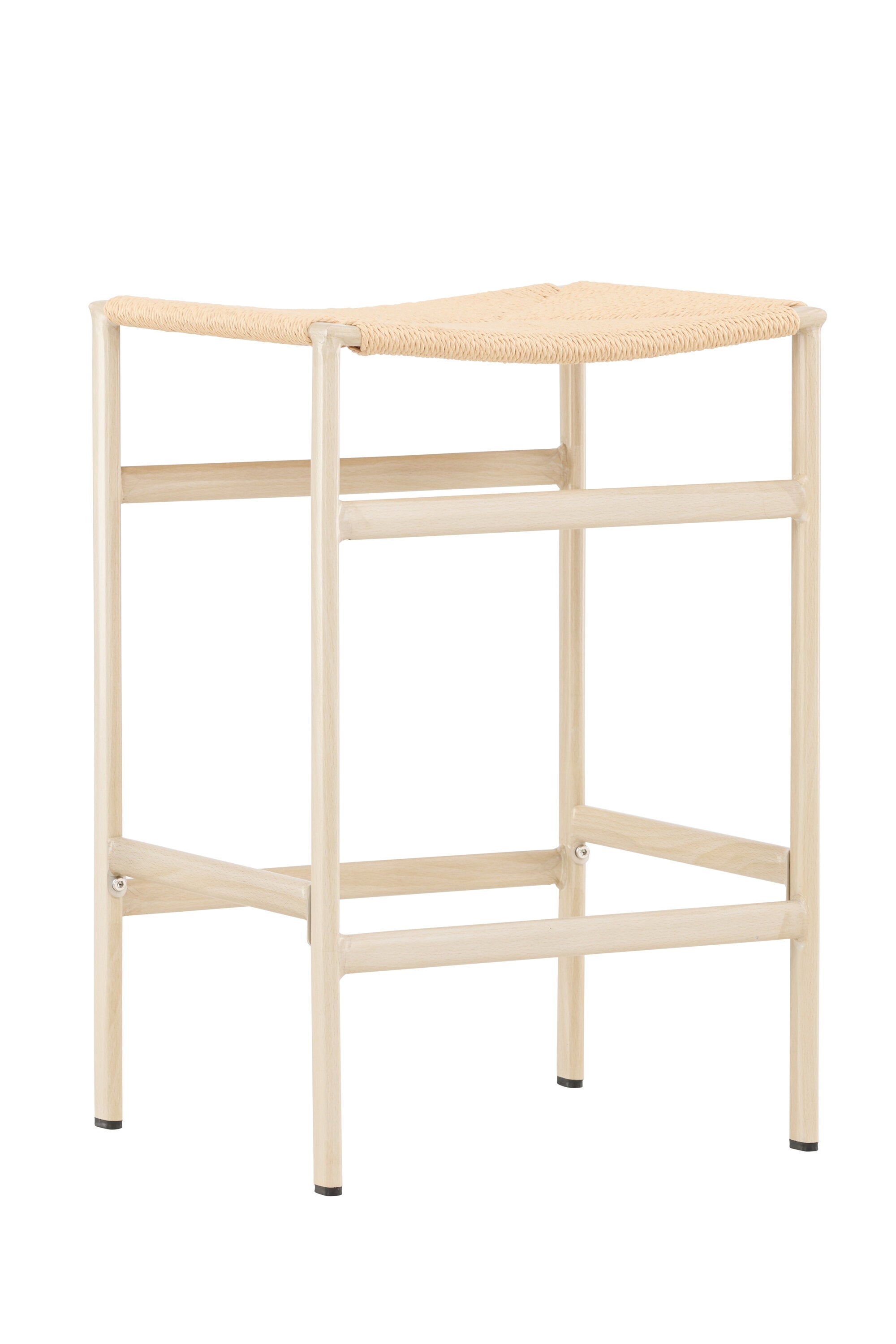 Der Polly Barstuhl vereint Rattan-Sitz und weiße Holzbeine zu einem stilvollen, platzsparenden Design für modernen Boho-Chic.
