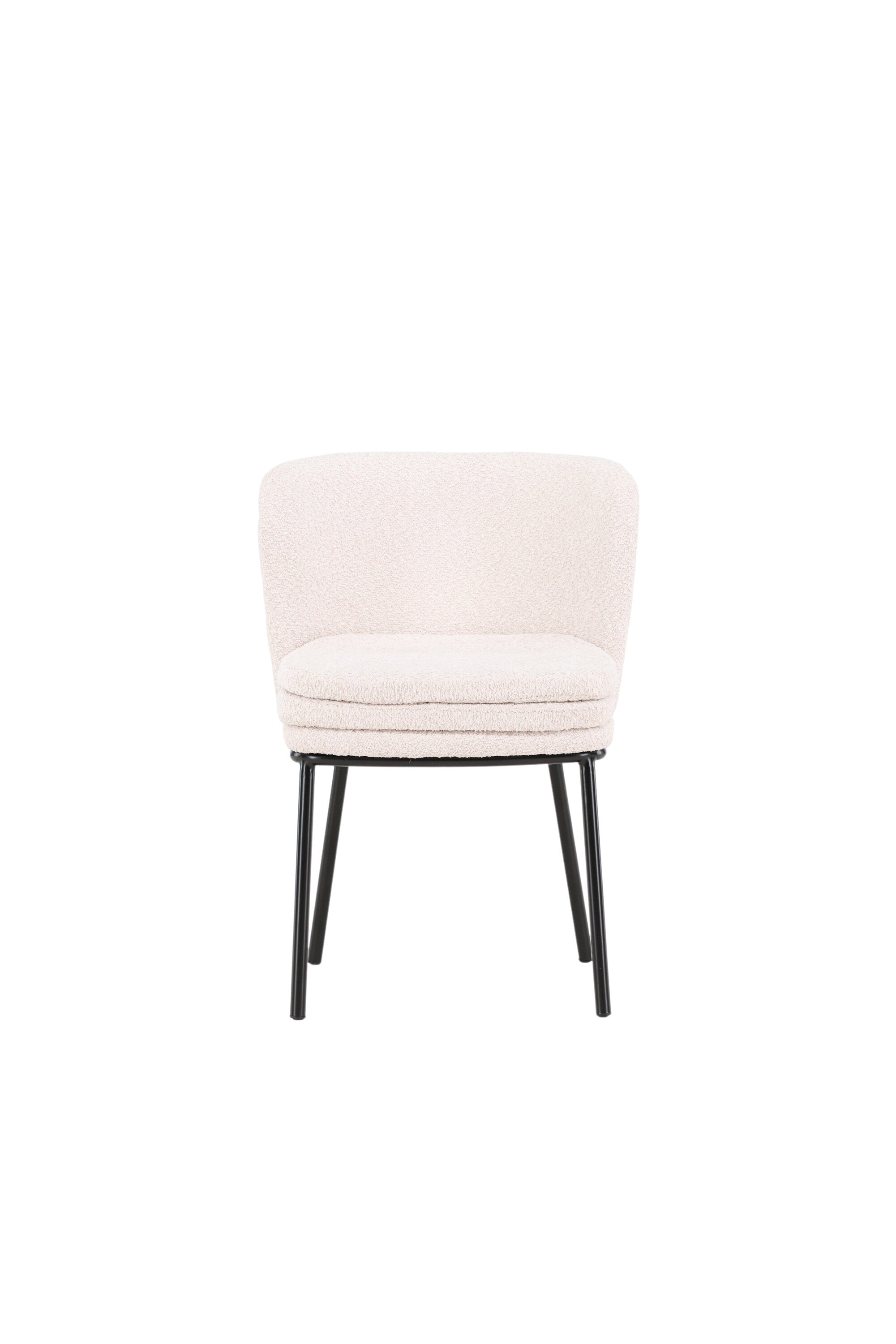 Der Agnes Esszimmerstuhl vereint modernes Design mit Komfort: weiße Bouclé-Sitzfläche, schwarze Stahlbeine, zeitlose Eleganz.