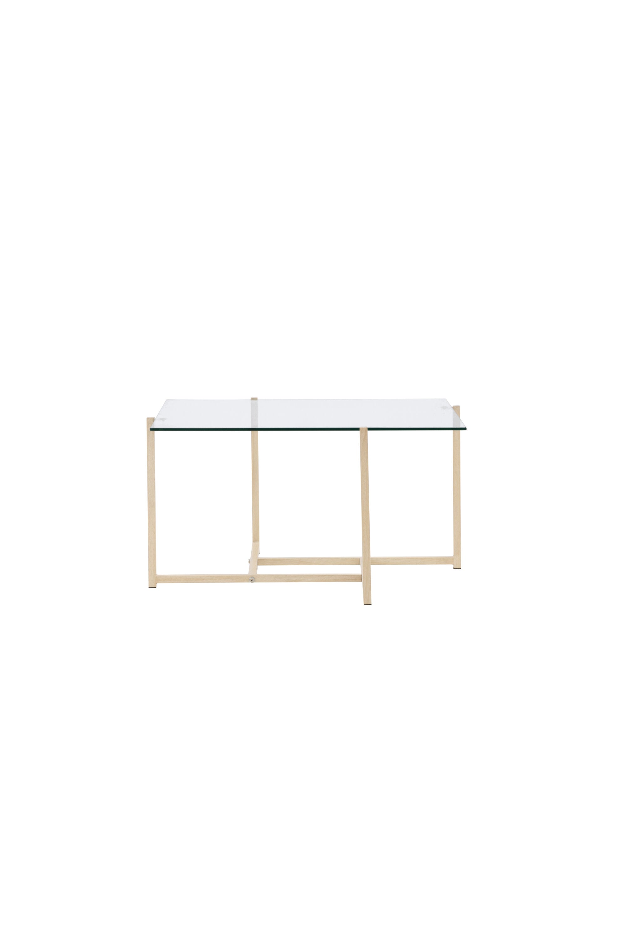Eleganter Hybrid Sofatisch: 80x80 cm, Stahlrahmen in Holzoptik, Glastischplatte, modern und einladend für Ihr Wohnzimmer.