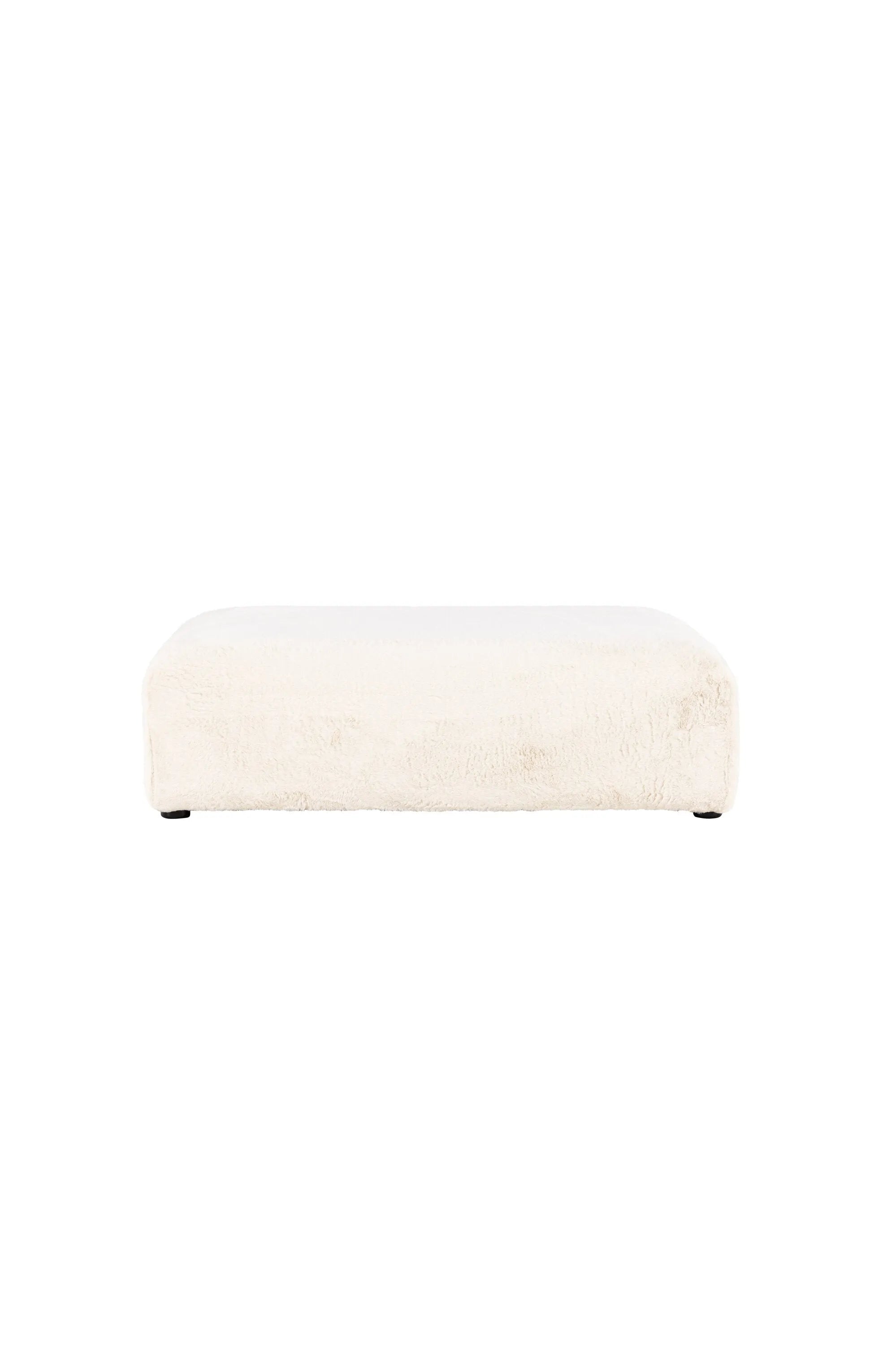 Der Davie Pouf von Venture Home: Ein luxuriöser, beiger Kunstfell-Ottoman (100% Polyester), vielseitig als Sitzgelegenheit, Fußstütze oder dekorativer Akzent. Maße: 100x100x30 cm.