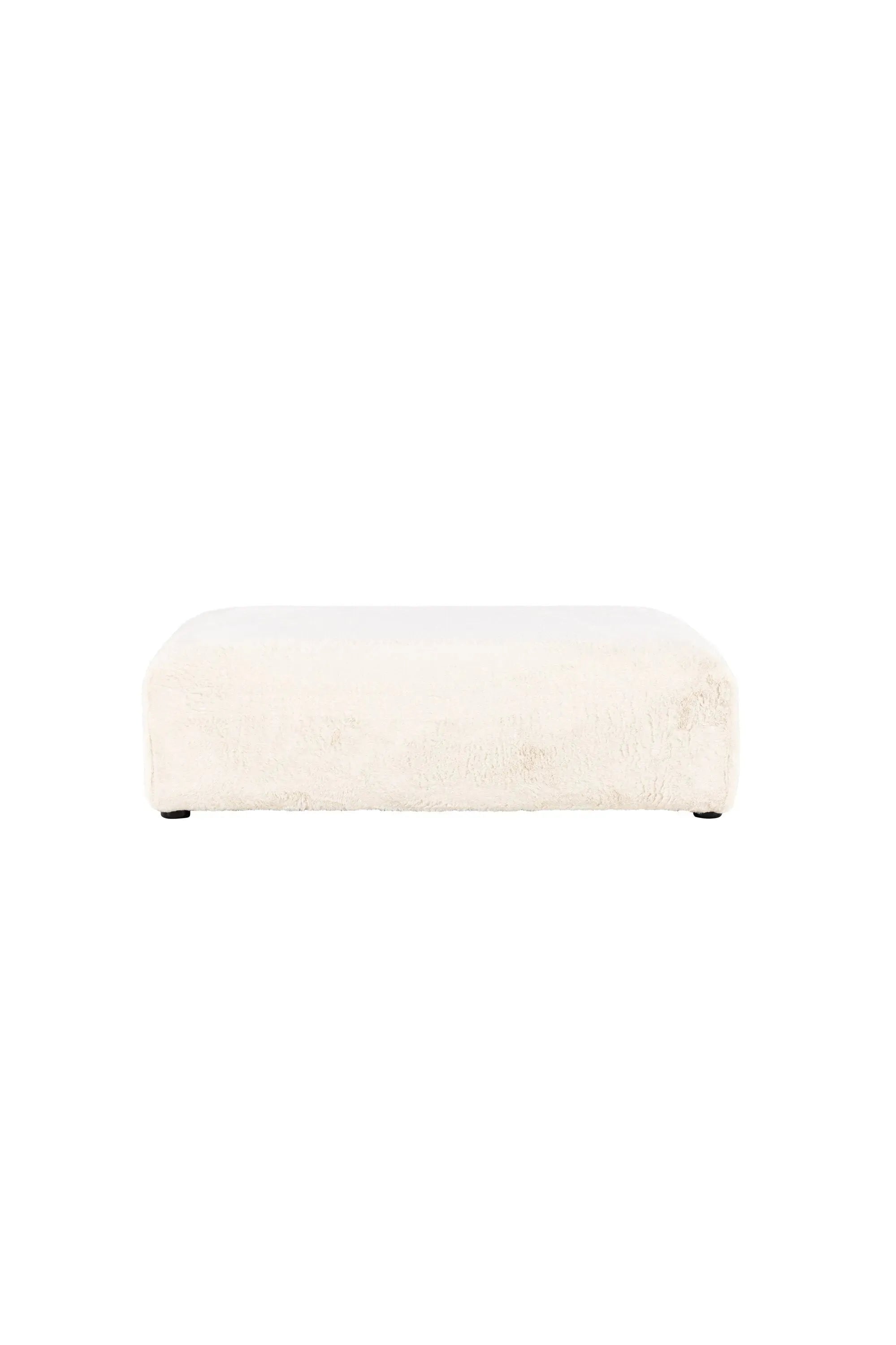 Der Davie Pouf von Venture Home: Ein luxuriöser, beiger Kunstfell-Ottoman (100% Polyester), vielseitig als Sitzgelegenheit, Fußstütze oder dekorativer Akzent. Maße: 100x100x30 cm.