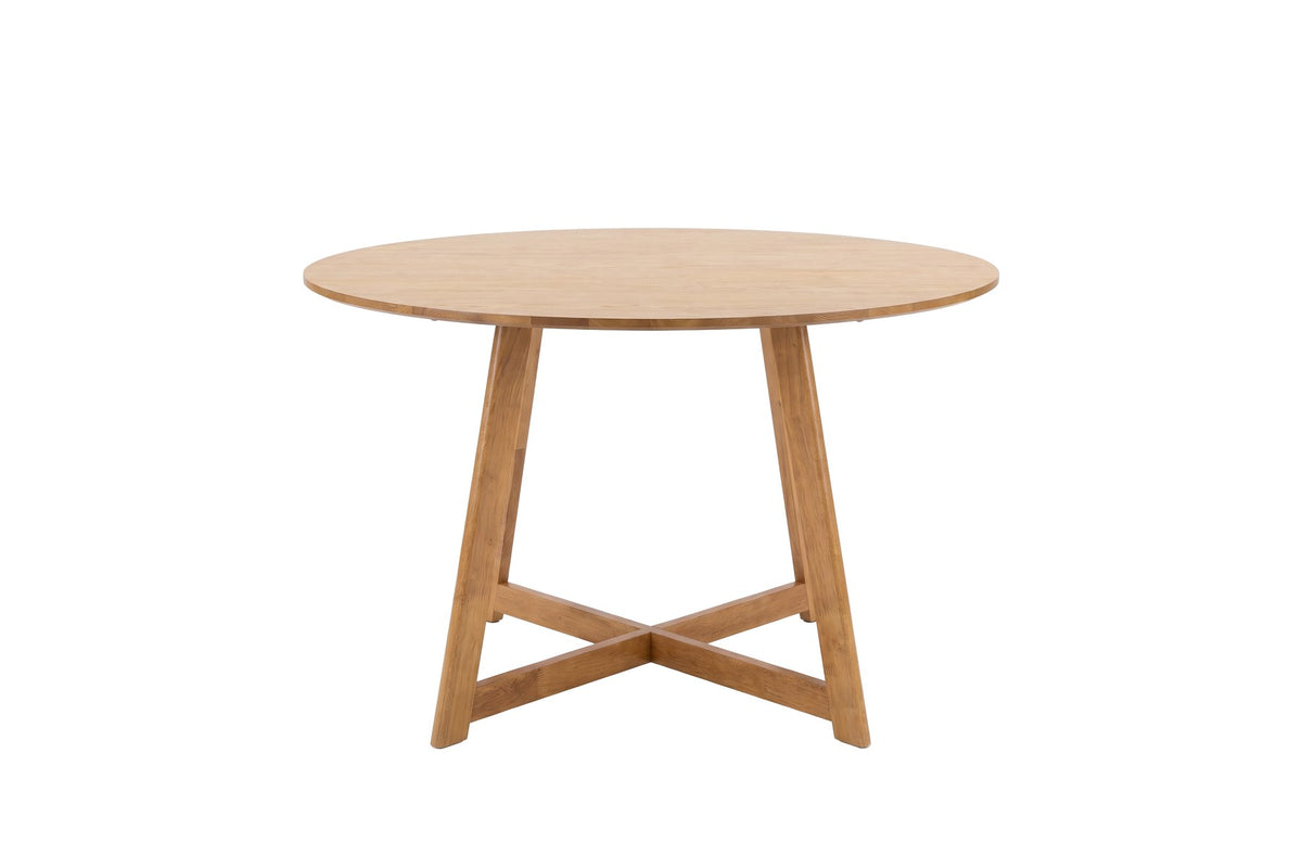 Runder Esstisch Yakidon Ø120 cm mit heller Eichenoptik-Platte aus MDF und Kautschukholz sowie natürlichen Beinen aus Gummibaumholz.