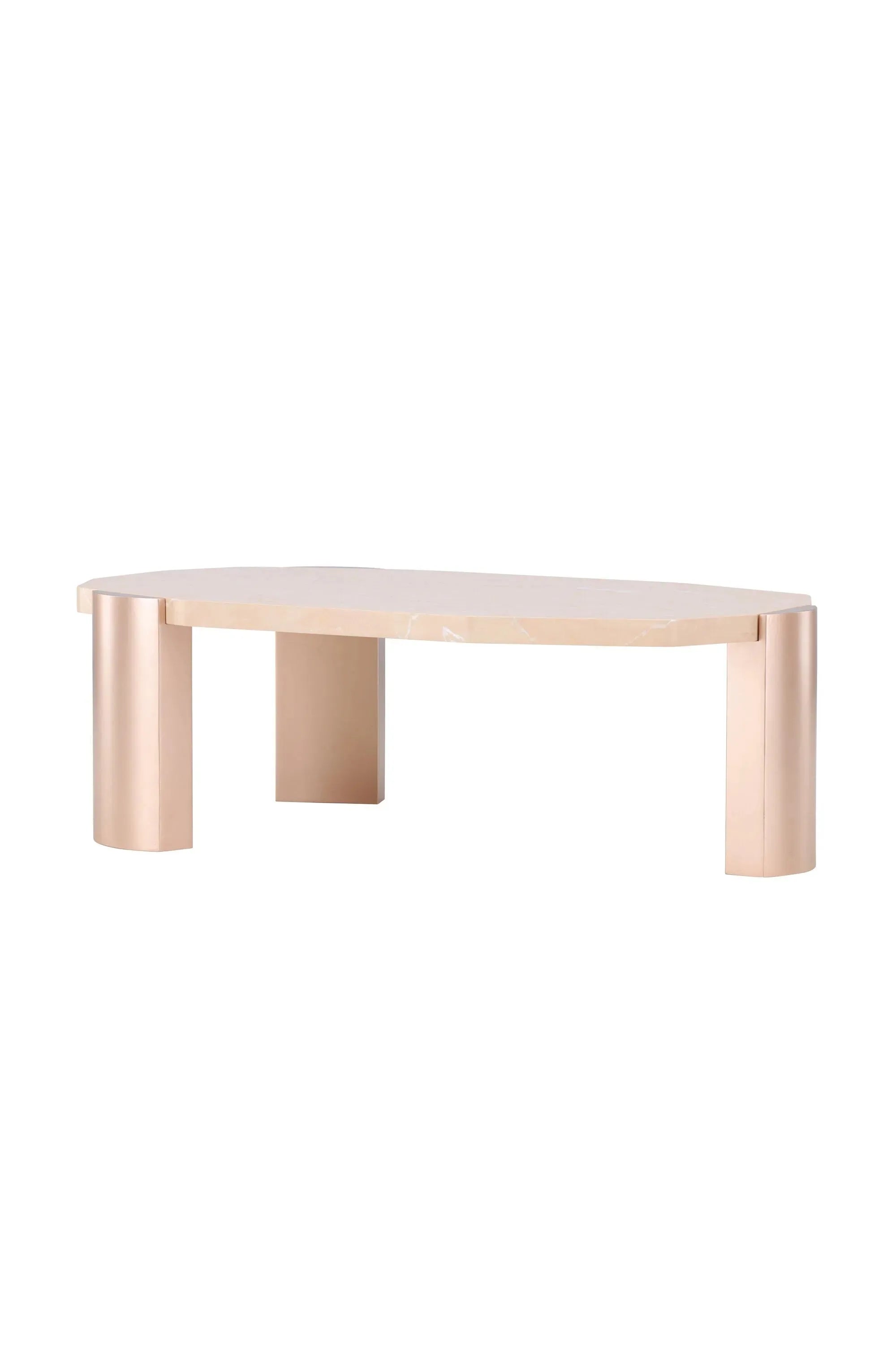 Eleganter Sofatisch in Rosé mit goldenen Akzenten, kinderfreundlich und funktional, 125x70,5 cm.