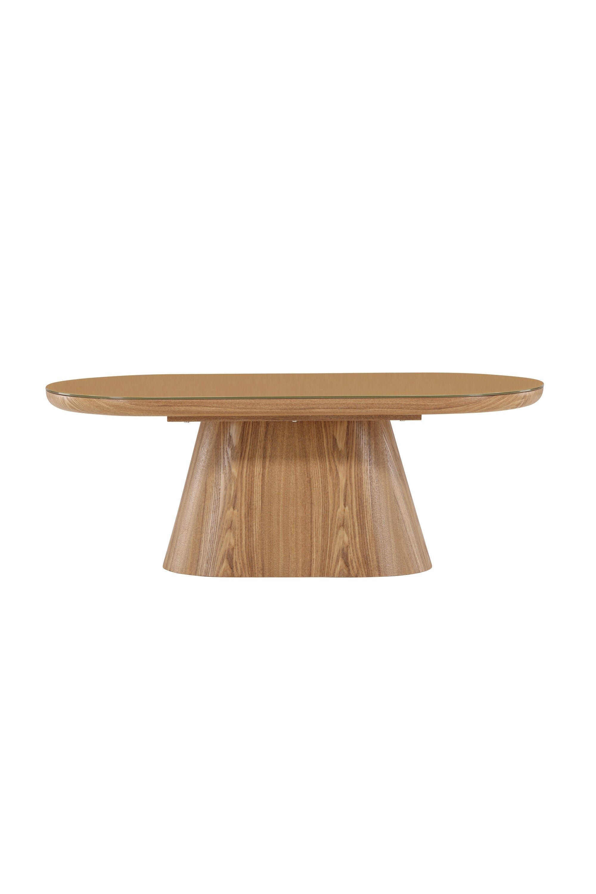 Eleganter Sofatisch mit ovaler Glasplatte und MDF-Gestell, ideal für stilvolle Wohnräume und vielseitige Nutzung.