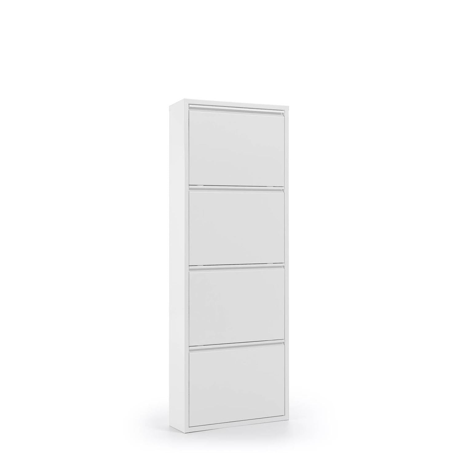 Eleganter, 4-türiger Ode Schuhschrank (50x136 cm) in Weiß von Kave Home: stilvoll, stabil, pflegeleicht, ideal für Flur oder Schlafzimmer.