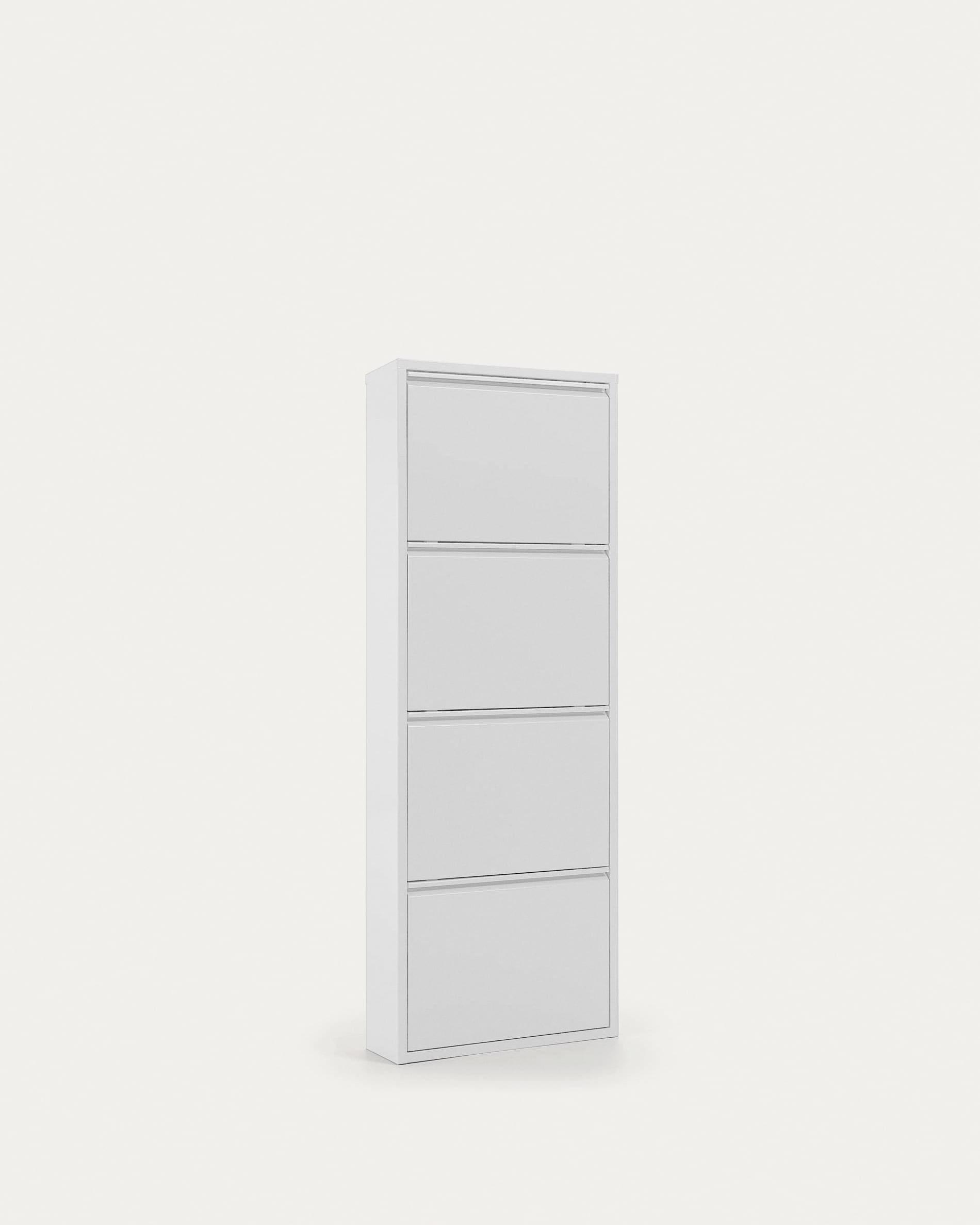 Eleganter, weisser 4-türiger Schuhschrank (50x136 cm) von Kave Home, ideal für Flur oder Schlafzimmer, stabil und pflegeleicht.