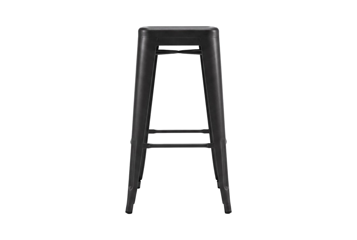 Zwei schwarze Esszimmerstühle Tempe von Venture Home aus pulverbeschichtetem Stahl mit schlichter, geradliniger Form.