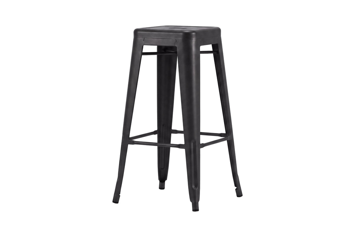 Zwei schwarze Esszimmerstühle Tempe von Venture Home aus pulverbeschichtetem Stahl mit schlichter, geradliniger Form.