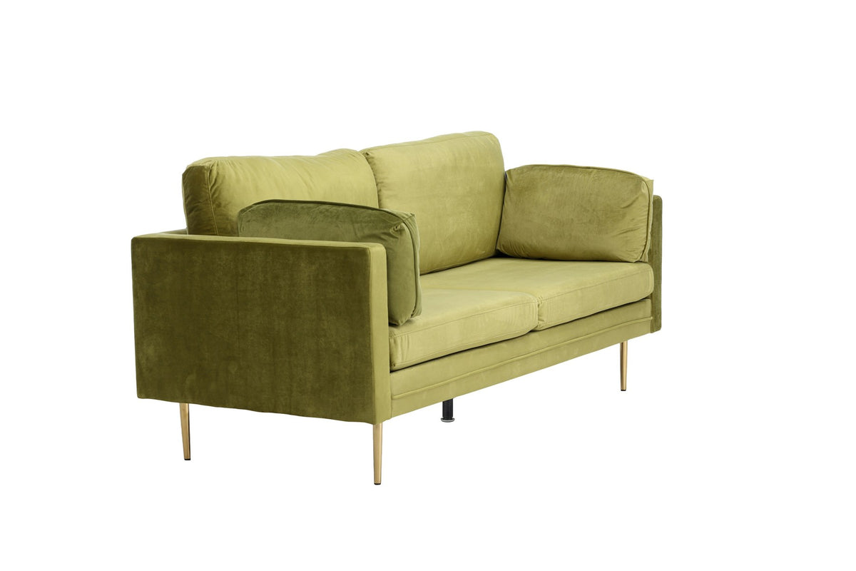 Schwarzes 3er Sofa Boom von Venture Home mit Polyester-Samtbezug, sechs losen Kissen und goldfarbenen Stahlbeinen, freigestellt.