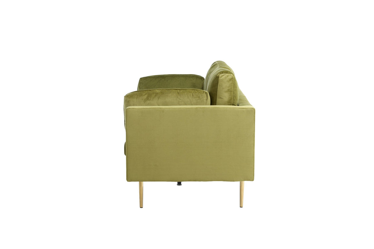 Schwarzes 3er Sofa Boom von Venture Home mit Polyester-Samtbezug, sechs losen Kissen und goldfarbenen Stahlbeinen, freigestellt.