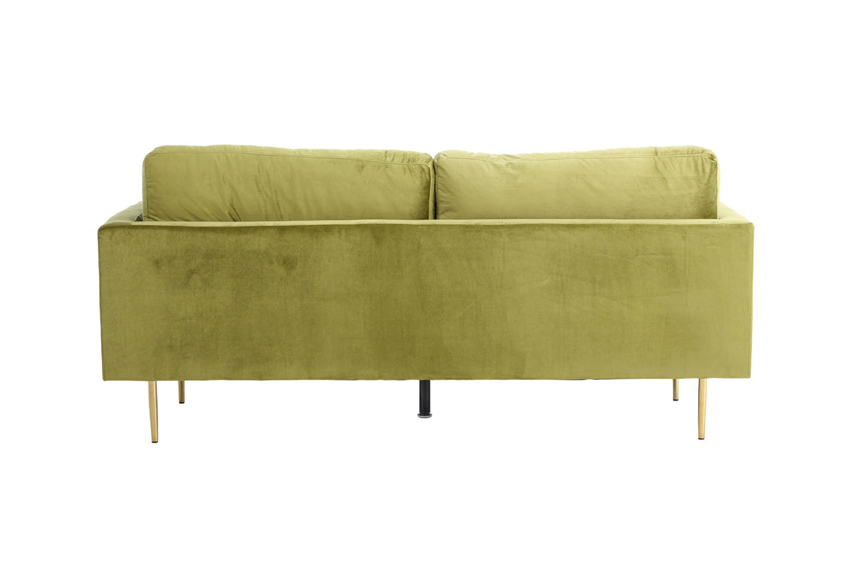 Schwarzes 3er Sofa Boom von Venture Home mit Polyester-Samtbezug, sechs losen Kissen und goldfarbenen Stahlbeinen, freigestellt.