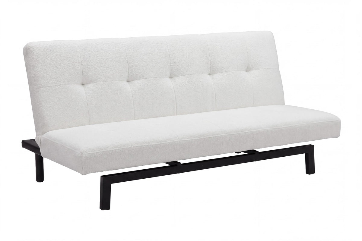 Weisses Klappbett Bodil von Venture Home mit Teddy-Bezug, schwarzen Stahlbeinen und schlichtem Steppmuster als Bettsofa dargestellt.
