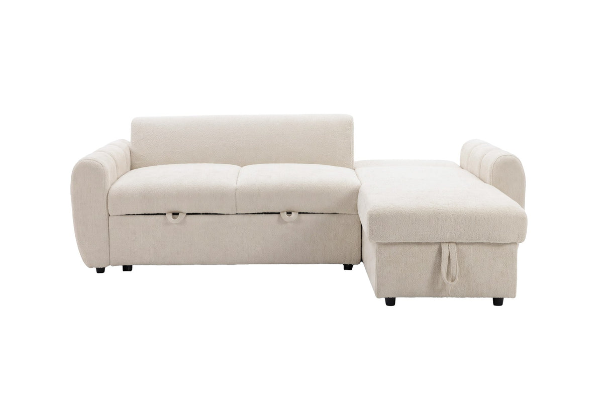 Beige Bettsofa Teo von Venture Home mit Polyesterbezug, Eukalyptusanteil und schwarzen Beinen, im aufgeklappten Zustand als Bett gezeigt.