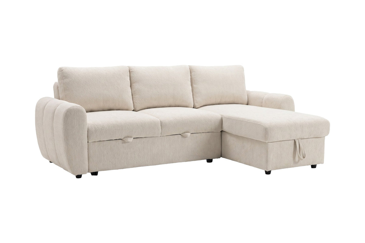Beige Bettsofa Teo von Venture Home mit Polyesterbezug, Eukalyptusanteil und schwarzen Beinen, im aufgeklappten Zustand als Bett gezeigt.