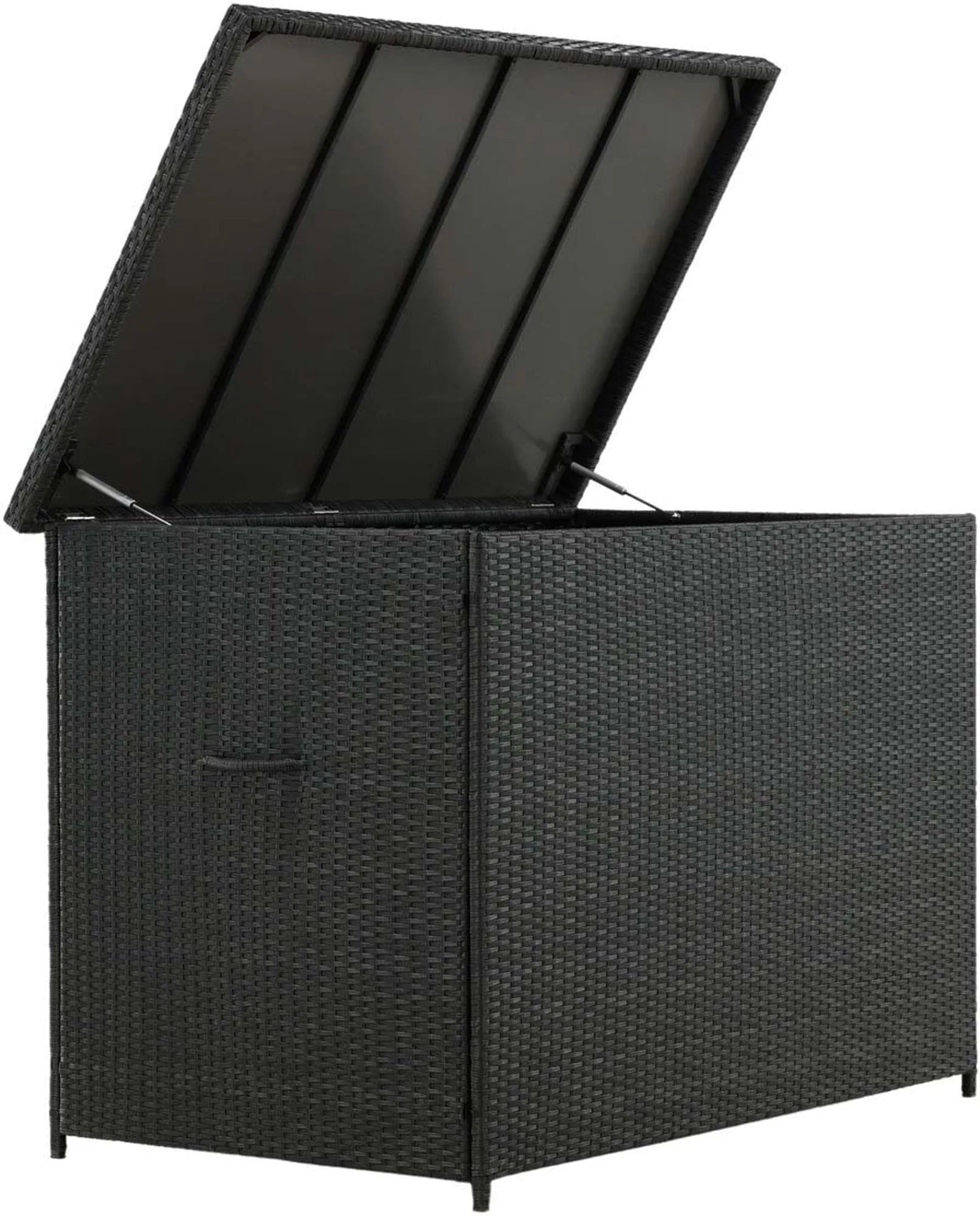 Stilvolle Kissenbox aus wetterfestem Korbgeflecht, ideal für Garten und Balkon. Bietet viel Stauraum und schützt vor Witterung.