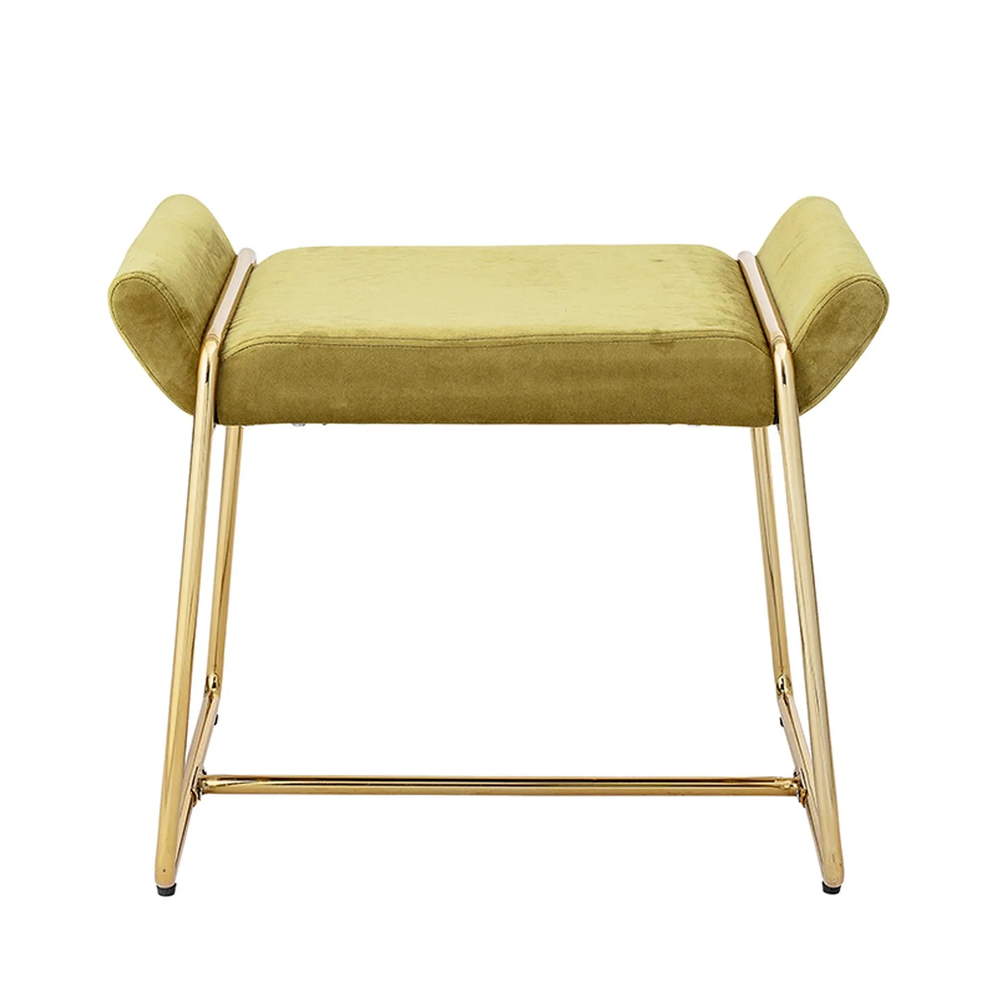 Eleganter gelber Megan Hocker von Bloomingville: Weiches Polyester, goldene Metallbeine, vielseitig und stilvoll für jeden Raum.