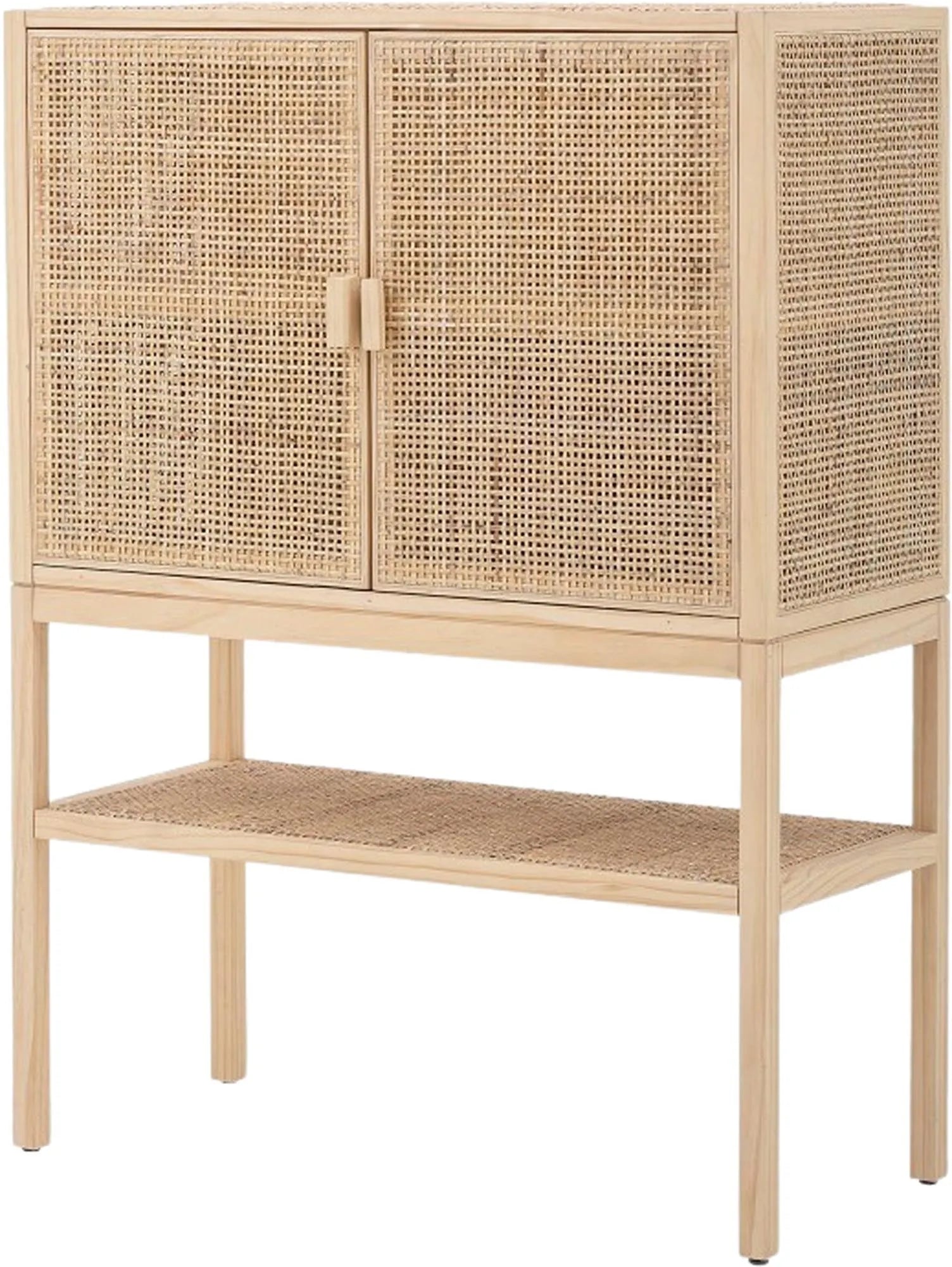 Elegantes Regal aus Kiefer und Rattan, das nordischen Stil und Funktionalität vereint. Ideal für Bücher und Deko.