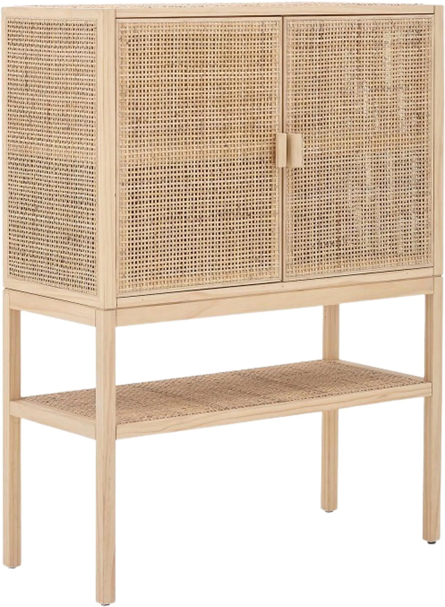 Elegantes Regal aus Kiefer und Rattan, das nordischen Stil und Funktionalität vereint. Ideal für Bücher und Deko.