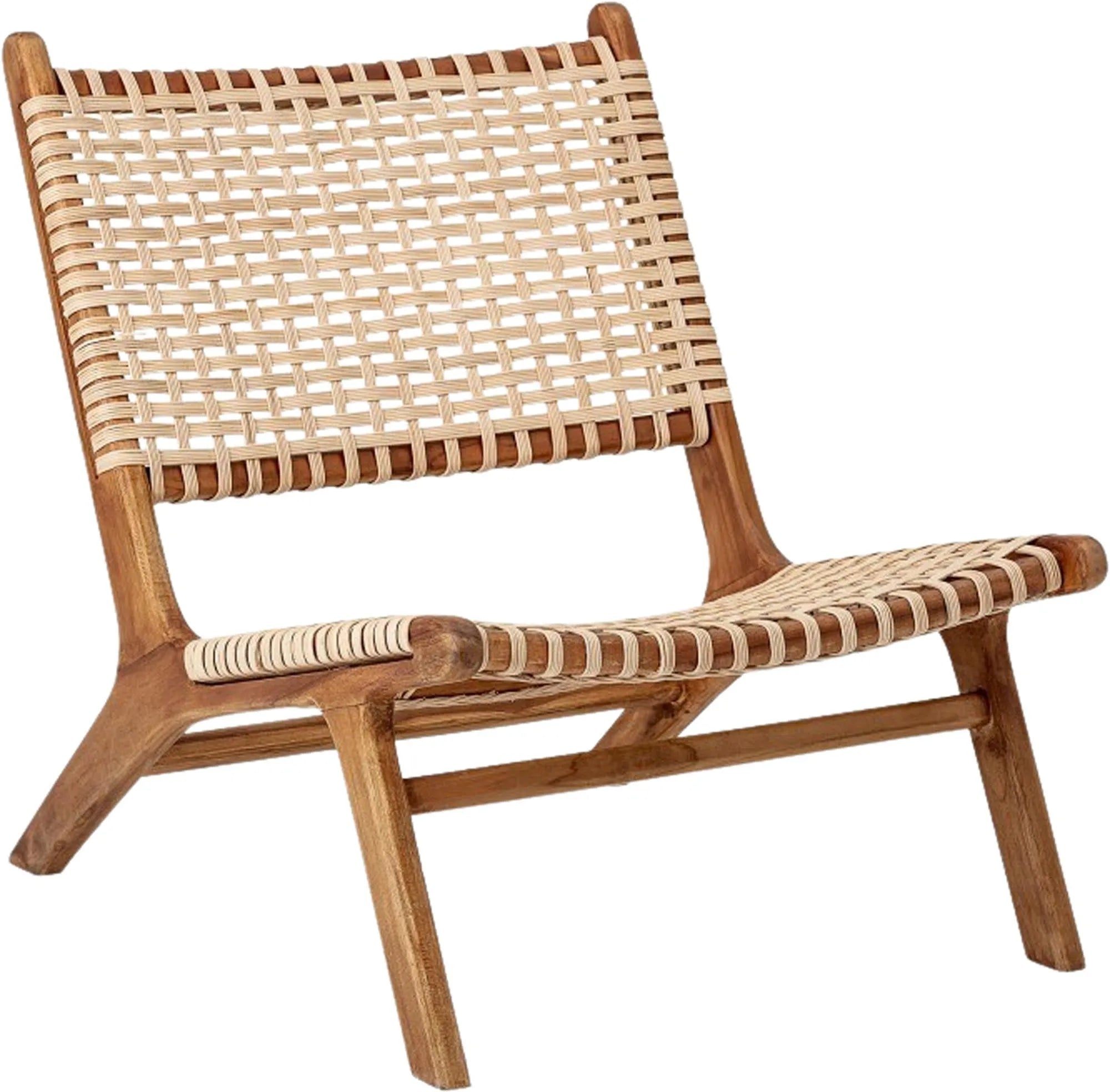 Eleganter Loungesessel aus Teak und Rattan, ideal für drinnen und draußen. Skandinavisches Design für stilvolle Entspannung.