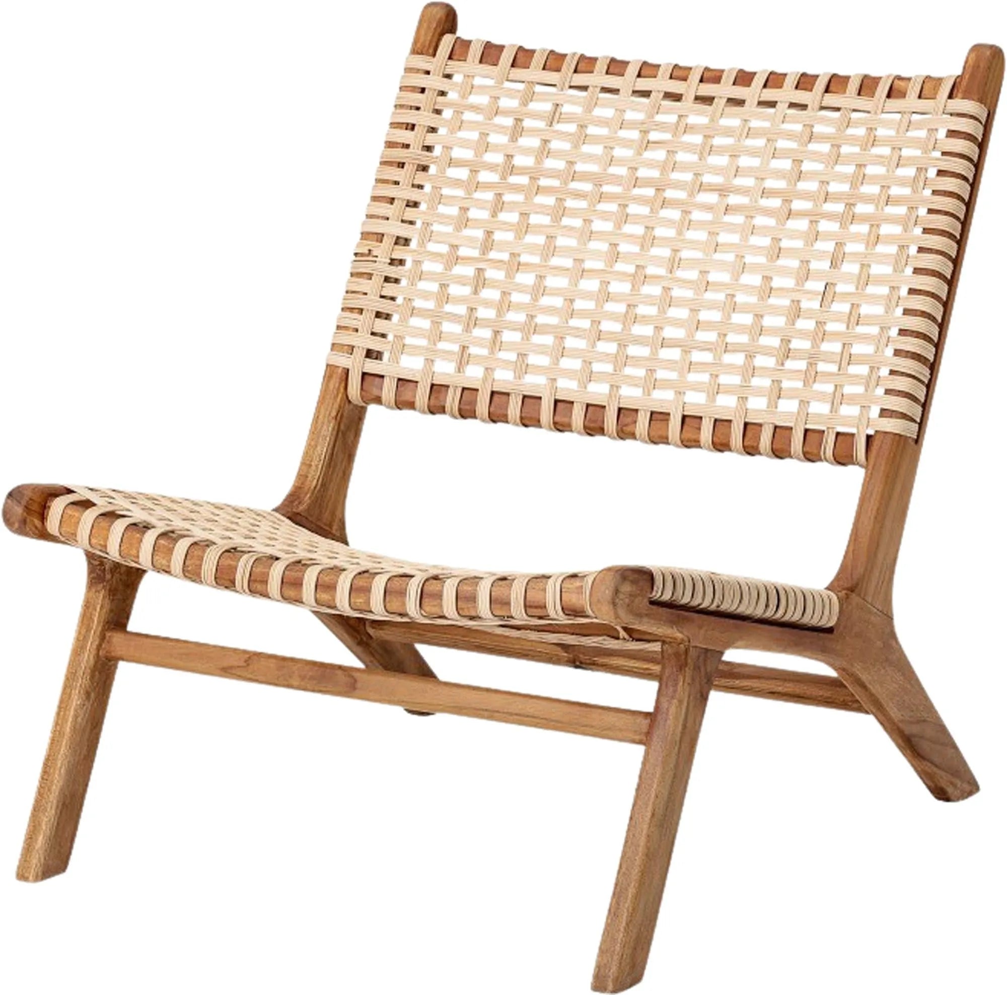 Eleganter Loungesessel aus Teak und Rattan, ideal für drinnen und draußen. Skandinavisches Design für stilvolle Entspannung.