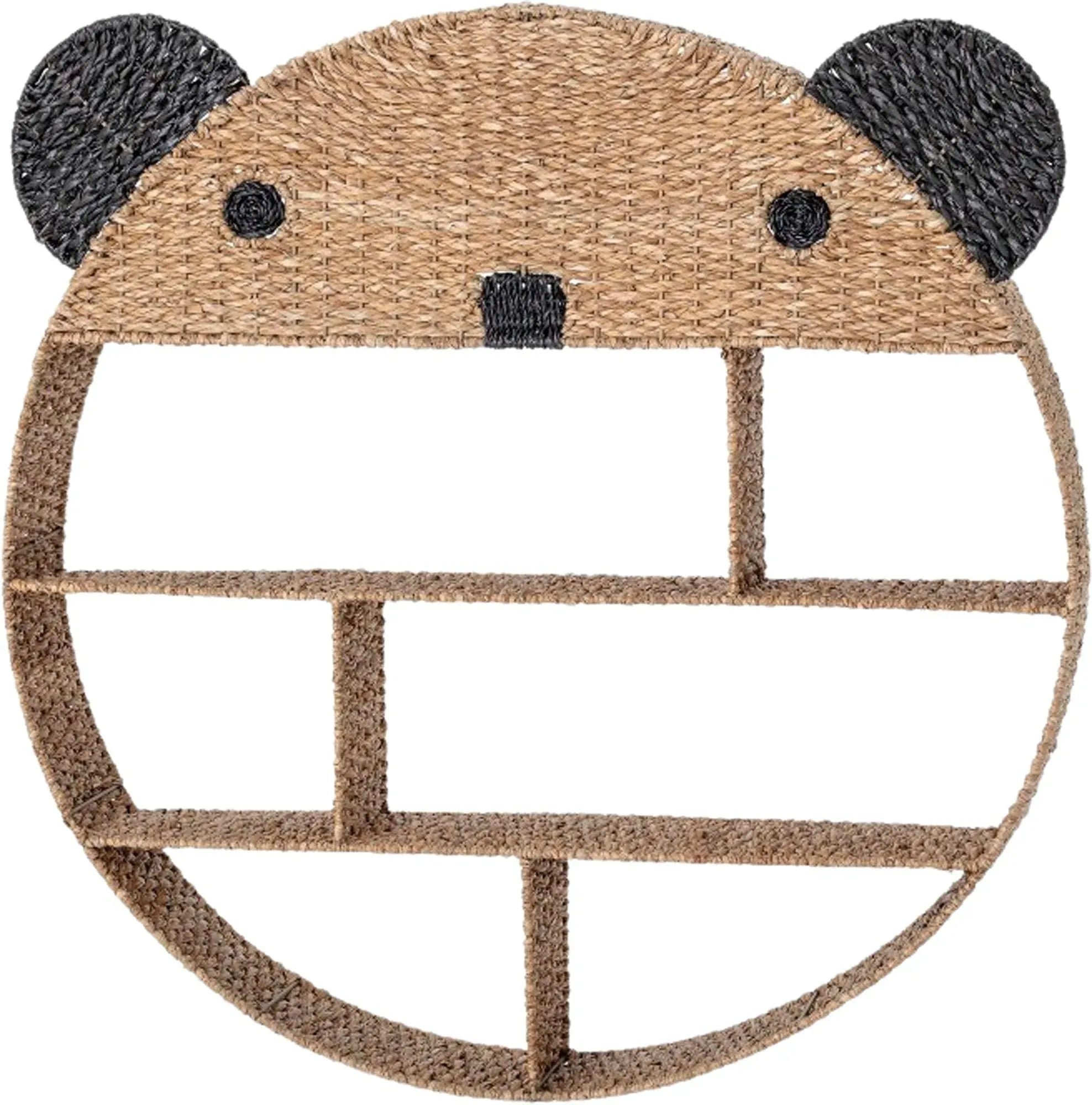 Ein charmantes Regal aus Bankuan-Gras und Rattan, ideal für Kinderzimmer, bietet Platz für Bücher und Spielzeug.