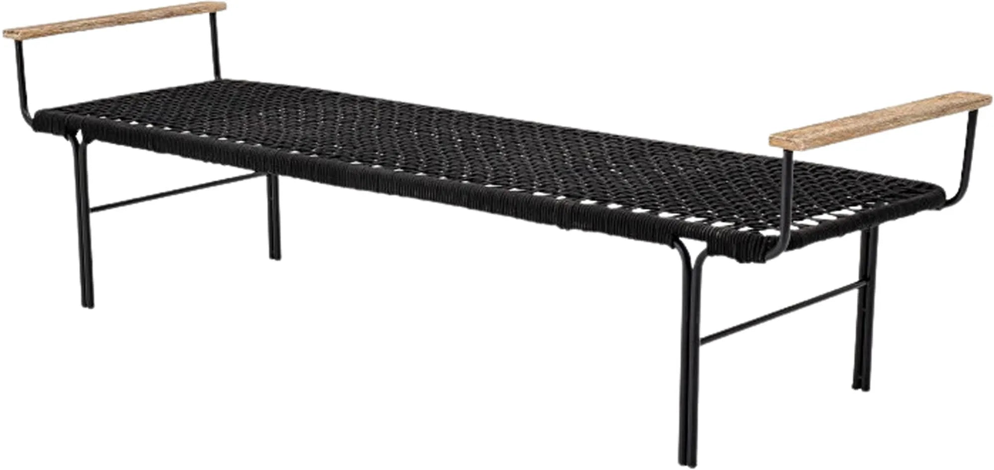 Elegante Bank aus schwarzem Metall und Polyesterseil, ideal für drinnen und draußen.