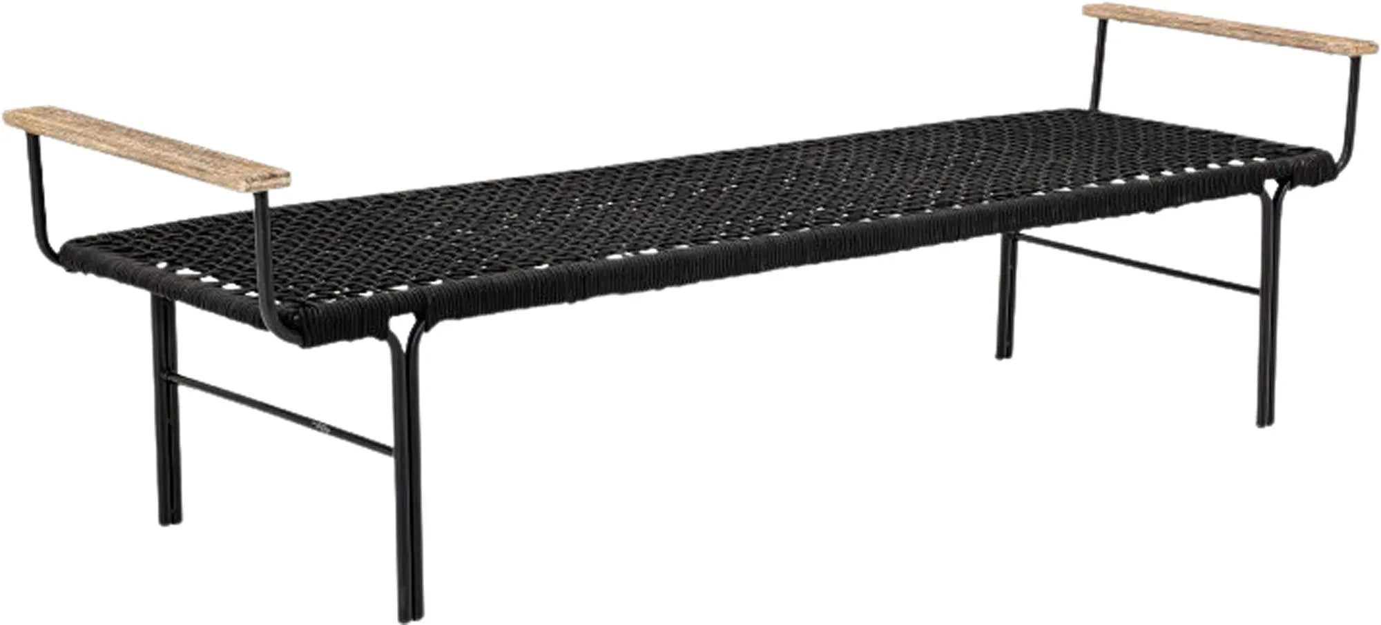 Elegante Bank aus schwarzem Metall und Polyesterseil, ideal für drinnen und draußen.
