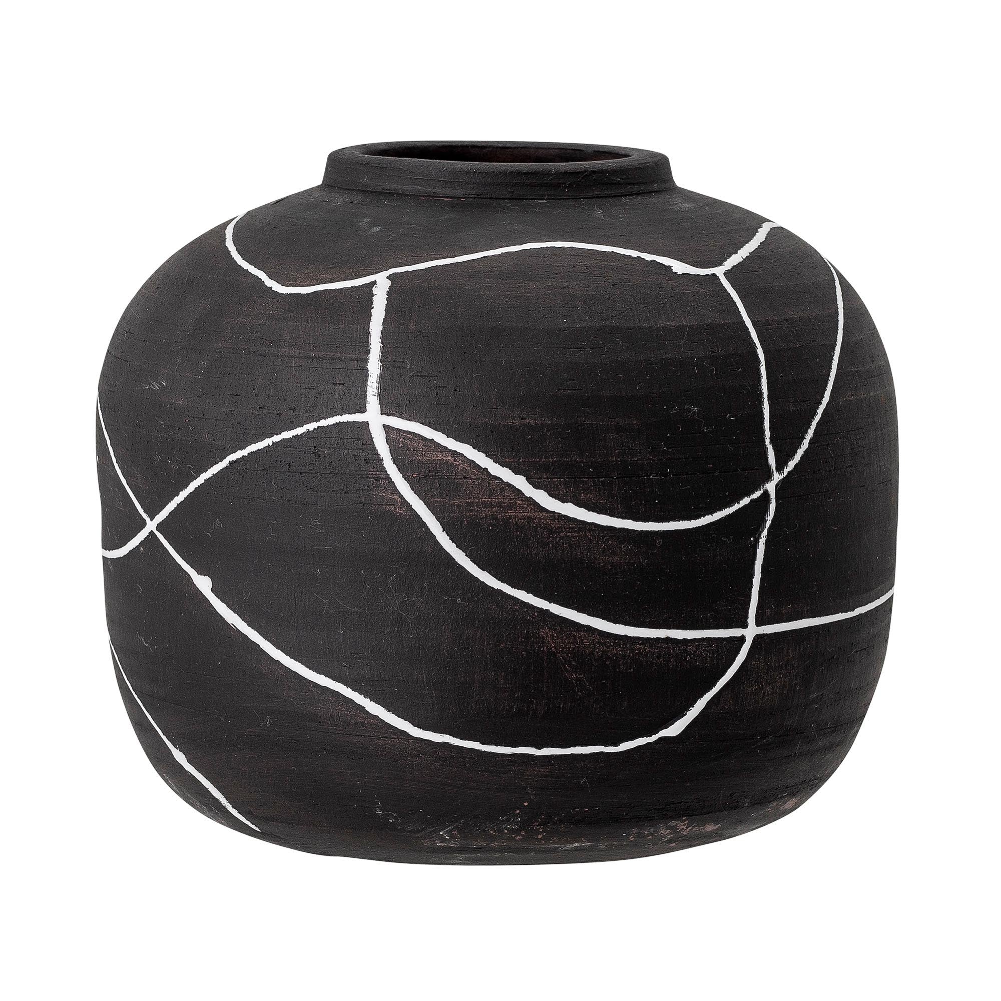 Elegante Niza Deko-Vase aus Terrakotta, matt schwarz mit handbemaltem Muster, ein Unikat für moderne und klassische Wohnstile.