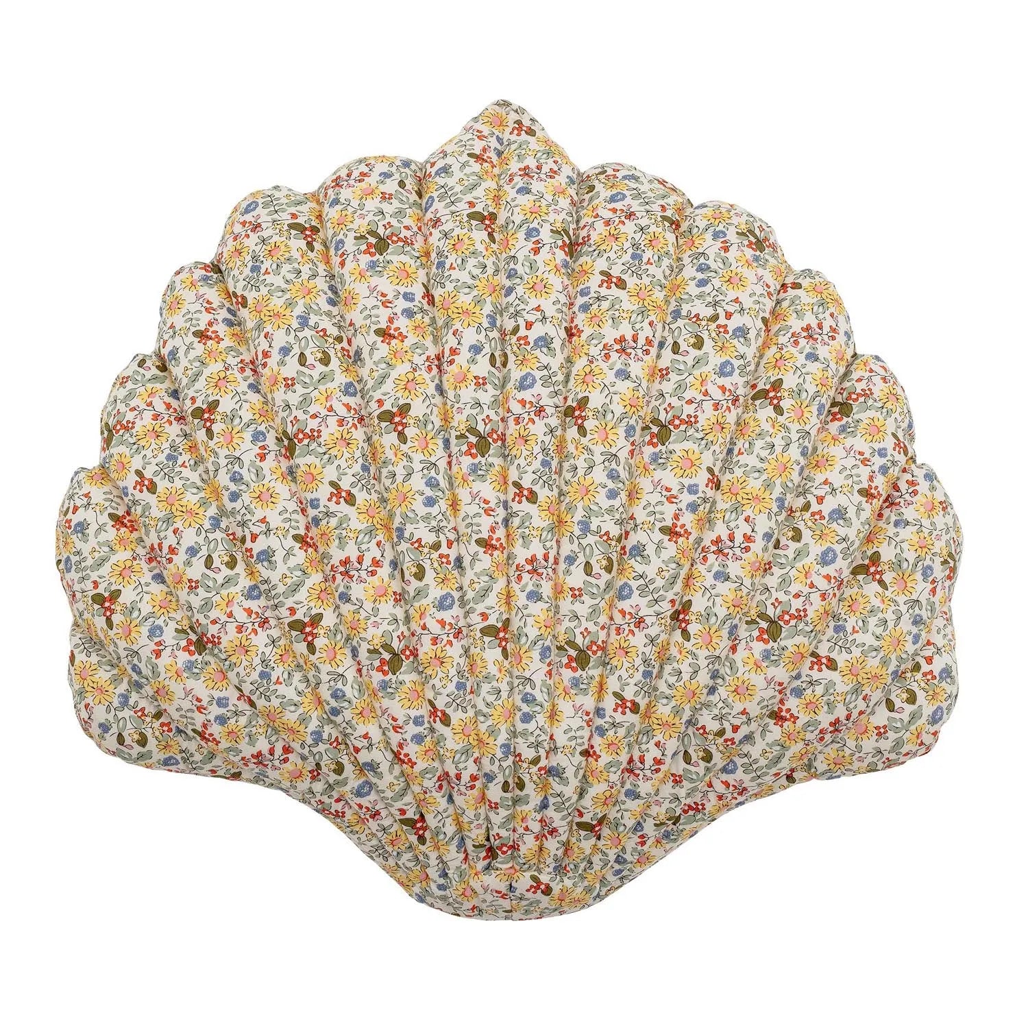 Leuchtend gelbes Muschelkissen aus Baumwolle und Polyester, ideal als Bodenkissen oder Deko im Kinderzimmer.