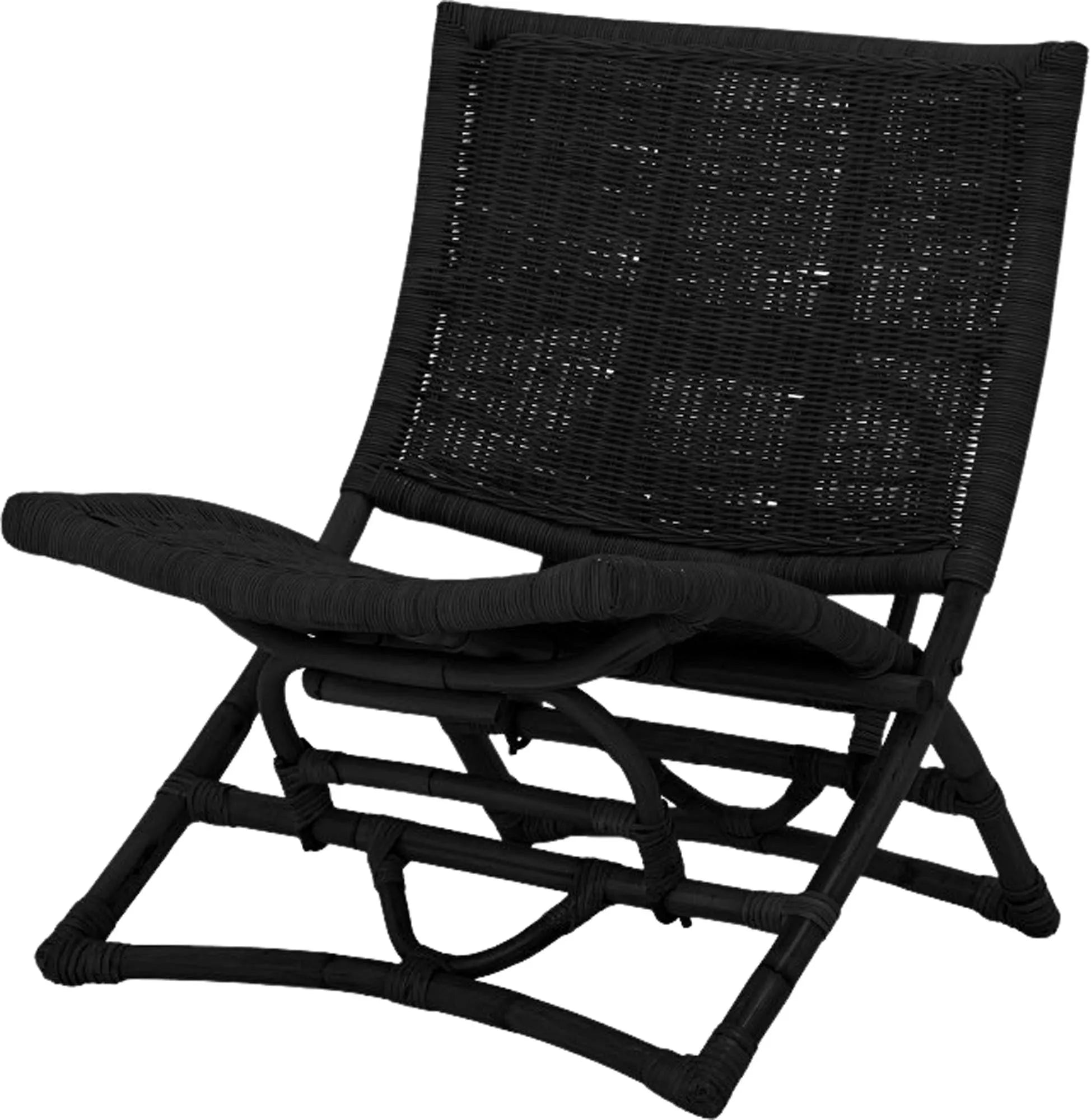 Eleganter schwarzer Rattan-Loungesessel von Bloomingville, faltbar, für stilvolle Entspannung.