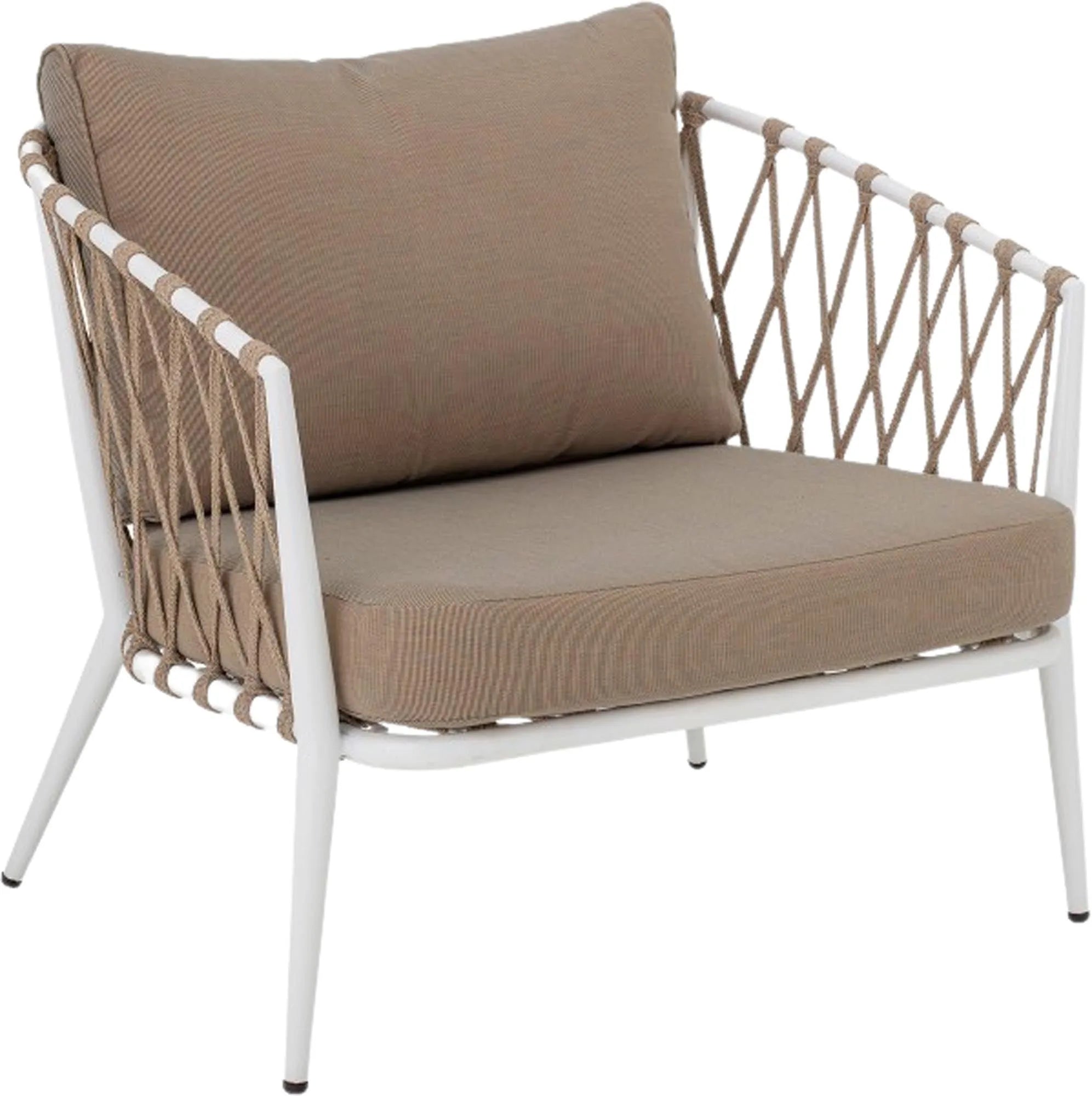 Eleganter Loungesessel mit wetterfestem Eisenrahmen und stilvollen Seilen, ideal für Garten und Balkon.