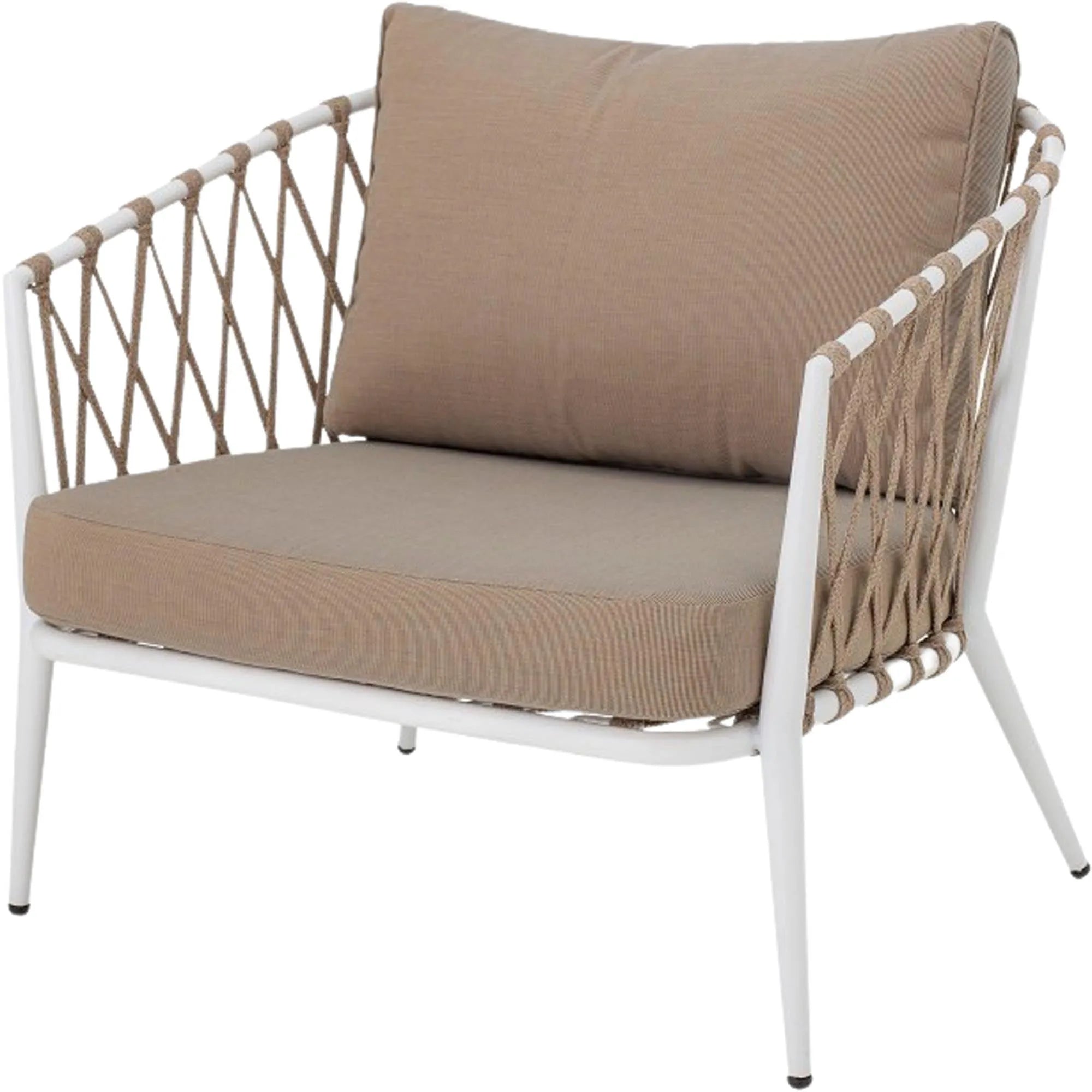 Eleganter Loungesessel mit wetterfestem Eisenrahmen und stilvollen Seilen, ideal für Garten und Balkon.