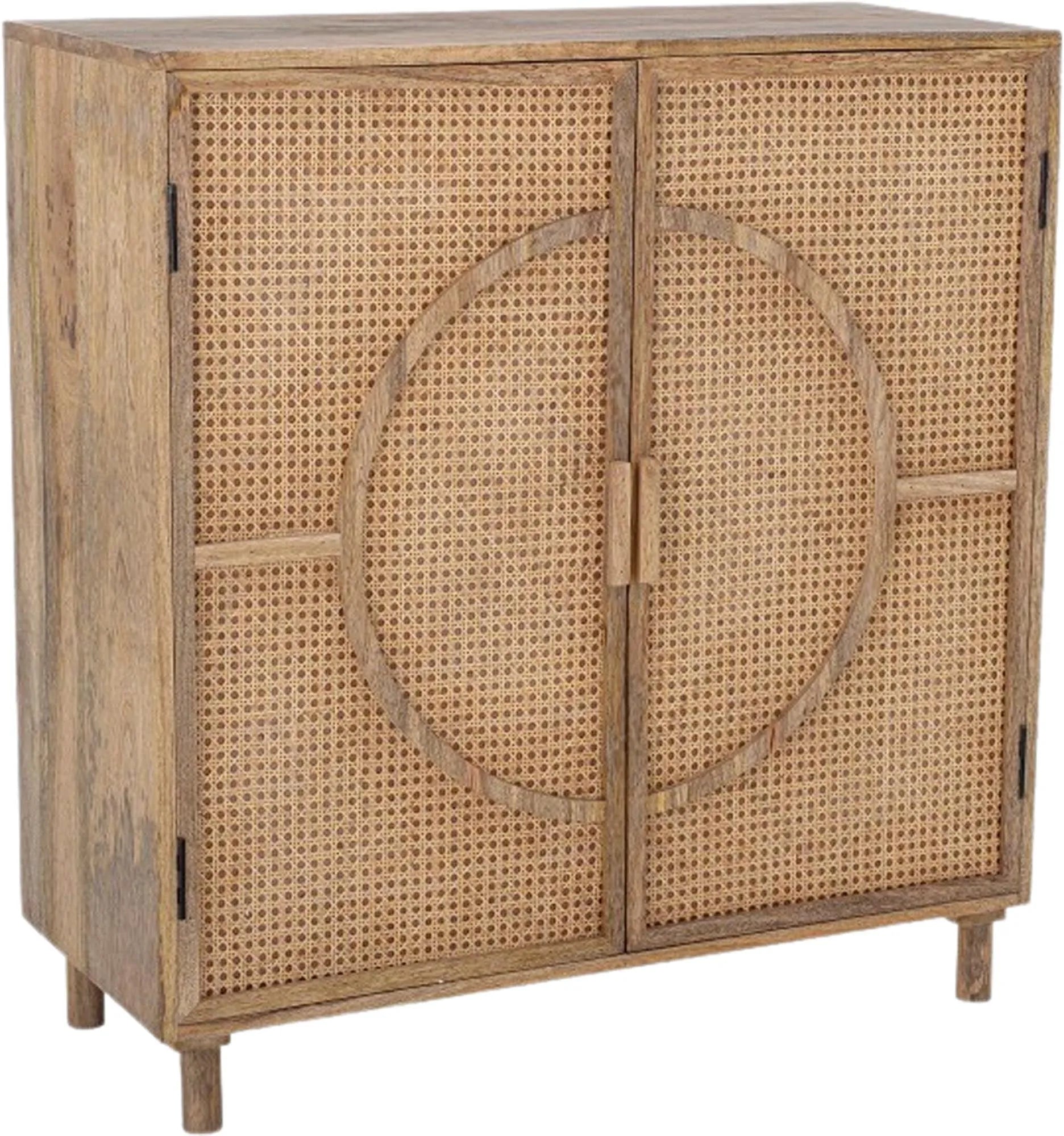 Elegantes Regal aus Mangoholz und Cane, ideal für stilvolle Aufbewahrung und Dekoration in jedem Raum.