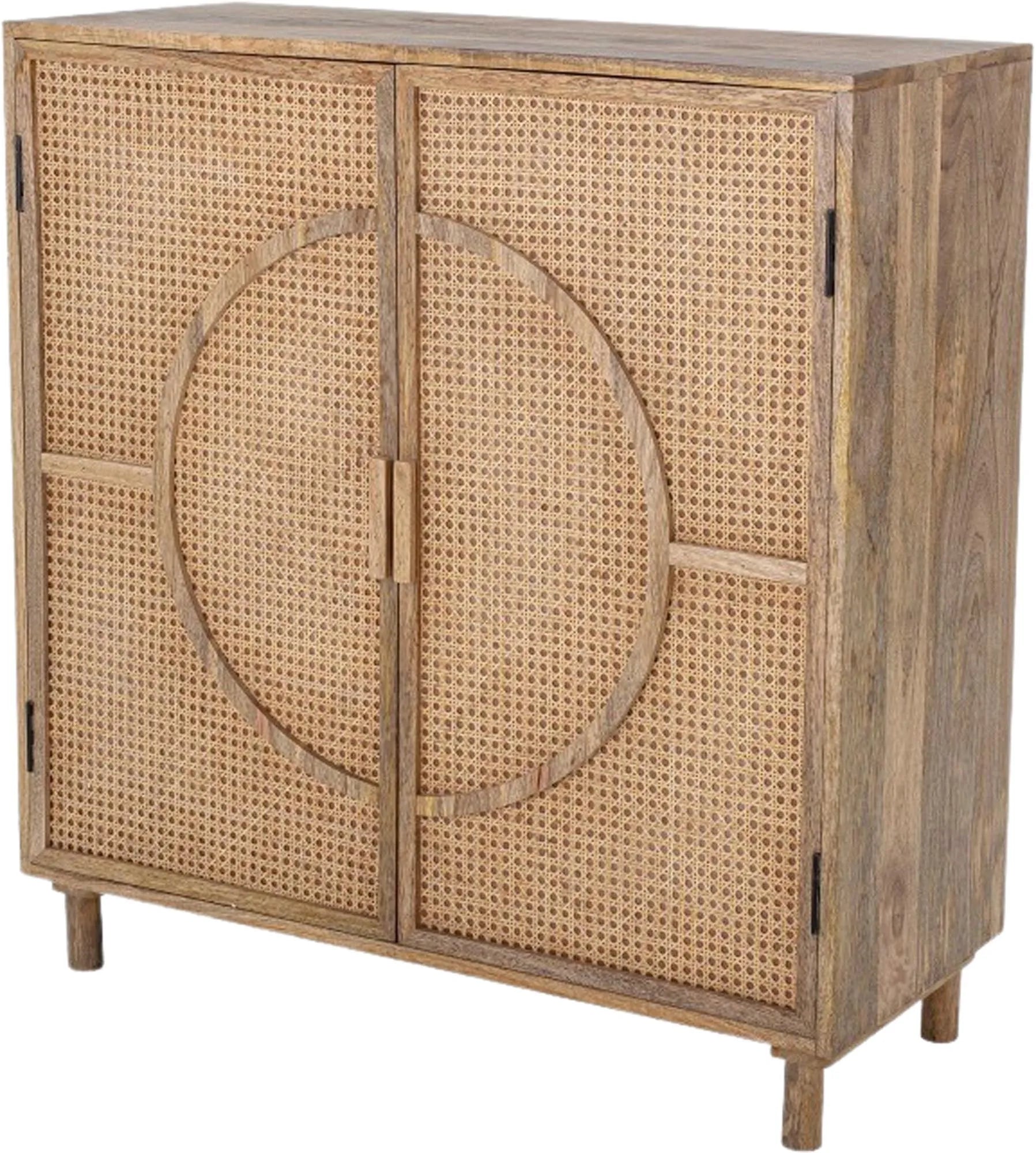 Elegantes Regal aus Mangoholz und Cane, ideal für stilvolle Aufbewahrung und Dekoration in jedem Raum.