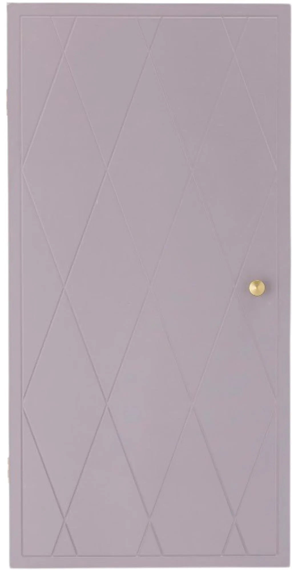 Elegantes, hellviolettes Regal aus MDF mit geprägtem Muster und Messinggriff, ideal für stilvolle Aufbewahrung.