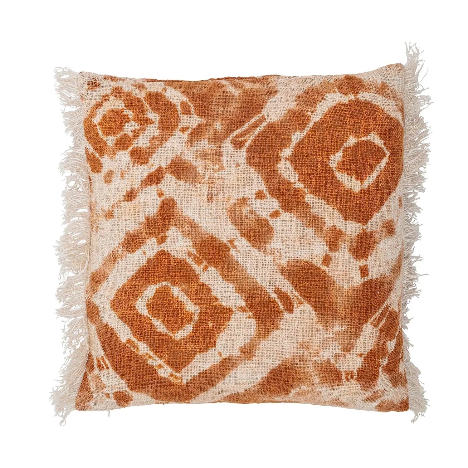 Ester Kissen von Bloomingville: Weiches Baumwollkissen in warmen Brauntönen mit Batikmuster und Fransen, ideal zum Kuscheln.